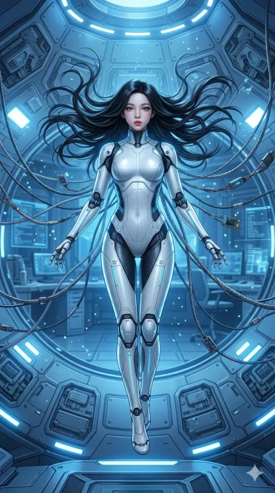 score_9, score_8_up, score_7_up, source_anime, masterpiece, best quality, ultra-detailed, same character with long flowing black hair, wearing a skin-tight white futuristic android body suit with synthetic joints, full body shot floating gracefully i