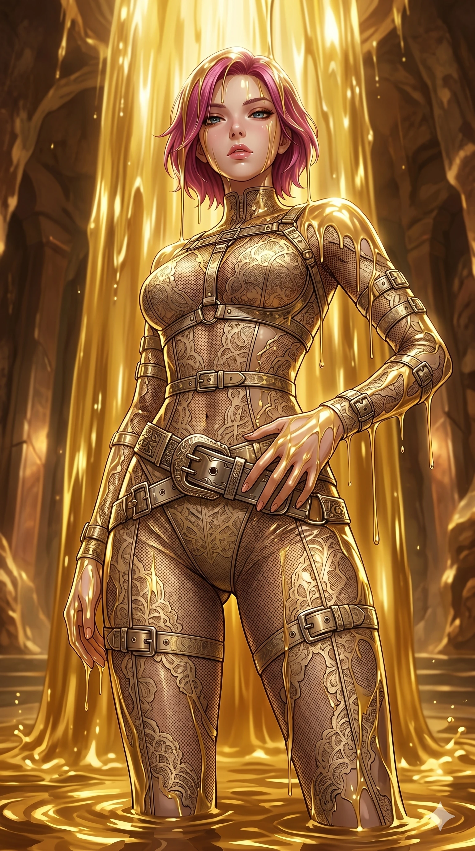score_9, masterpiece, best quality, ultra-detailed, High-budget Anime Keyframe, East Asian woman. Low angle cowboy shot filling the entire 9:16 frame with her statuesque presence. Scenario 29: Standing under a waterfall of liquid gold, the fluid coating her form. Her presence is magnetic and overpowering in this high-budget anime scene. Outfit 29: A micro-mesh lace sheer with a sheer panels and metallic buckles. The clothing is designed to emphasize her exceptionally tall and slender 8-heads proportion. 8-heads proportion, towering silhouette, ultra-slim waist. sharp v-shaped jawline, intricate jewel-like eyes with depth, thick eyelashes, glossy lips. 2k, ultra detail, master piece, 9:16 ratio
