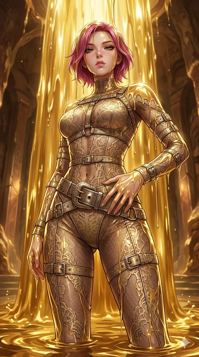 score_9, masterpiece, best quality, ultra-detailed, High-budget Anime Keyframe, East Asian woman. Low angle cowboy shot filling the entire 9:16 frame with her statuesque presence. Scenario 29: Standing under a waterfall of liquid gold, the fluid coat