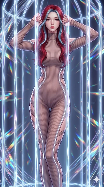 score_9, masterpiece, best quality, ultra-detailed, High-budget Anime Keyframe, East Asian woman. Dynamic full-body shot stretching the vertical silhouette to the limit. Scenario 282: Trapped in a cage of glowing crystalline fibers, body pressing aga
