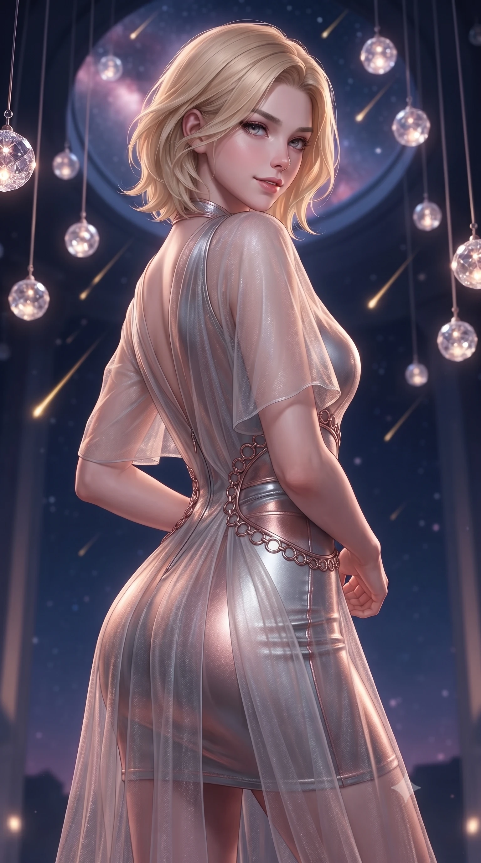 score_9, masterpiece, best quality, ultra-detailed, high-budget anime keyframe, editorial fashion photography, tasteful artistic composition, Caucasian woman. close-up cowboy shot from the waist and thighs up, the character dominates the composition, filling the frame with her large presence, background elements kept in soft focus. Glancing sidelong over her shoulder with a smoldering half-smile, navigating a starlight archives hall filled with suspended glowing crystal globes, falling meteor trails creating sharp golden light streaks across the night sky. She has an exceptionally elegant, slender, and willowy female figure with an ultra-slim waist, a gracefully sculpted slender torso, and a refined silhouette. sharp v-shaped jawline, high-bridge nose, intricate jewel-like eyes with depth, thick eyelashes, glossy lips with a natural sheen. wearing aerodynamic second-skin rose-gold metallic bodycon dress in metallic silver, made of sheer opal chiffon overlay, trimmed with rose-gold ring hardware along the waist contours, the fitted fabric emphasizing her ultra-slim waist. bathed in deep navy and galaxy pink ambient lighting. ultra-reflective glossy finish, specular highlights, metallic sheen, high-contrast stereoscopic depth, volumetric dynamic lighting, 2k, ultra detail, master piece, 9:16 ratio