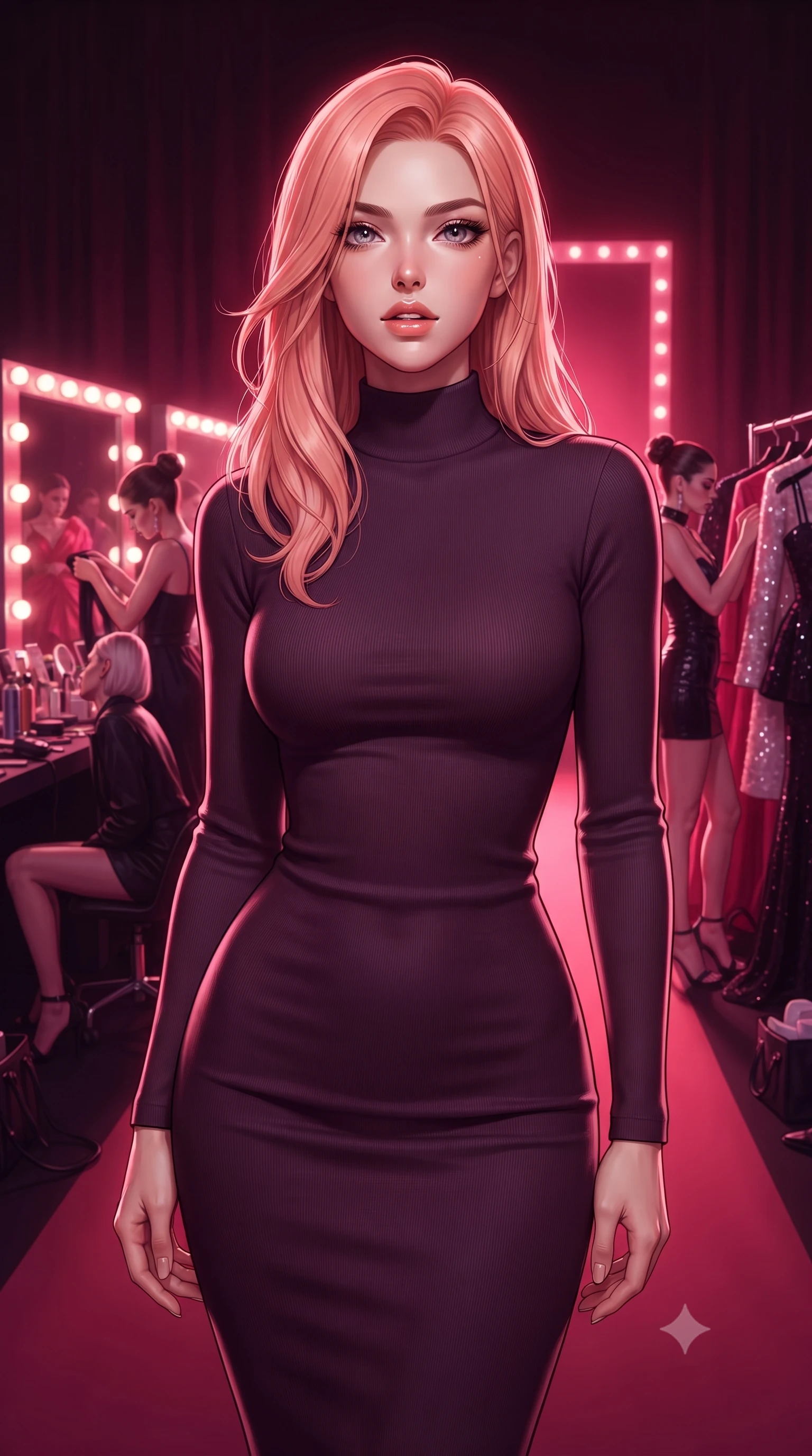 score_9, masterpiece, best quality, ultra-detailed, high-budget anime keyframe, editorial fashion photography, tasteful artistic composition, Japanese woman. close-up cowboy shot from the waist and thighs up, the character dominates the composition, filling the frame with her large presence, background elements kept in soft focus. Looking directly at the camera with a bold fearless expression and parted lips. set against a soft-focus background of the electrifying chaos backstage at a haute couture fashion show with Hollywood makeup mirrors surrounded by bulbs garment racks of extraordinary outfits models in final preparation and the runway entrance glowing ahead. She has an exceptionally elegant and slender, willowy female figure with an ultra-slim waist, a gracefully sculpted slender torso, and a refined slim physique. sharp v-shaped jawline, high-bridge nose, intricate jewel-like eyes with depth, thick eyelashes, glossy lips with a natural sheen. wearing a sleek mock-neck bodycon midi dress in a deep aubergine knit, contouring her willowy torso. deep crimson theatrical lighting with sharp specular highlights on every curve. 2k, ultra detail, master piece, 9:16 ratio