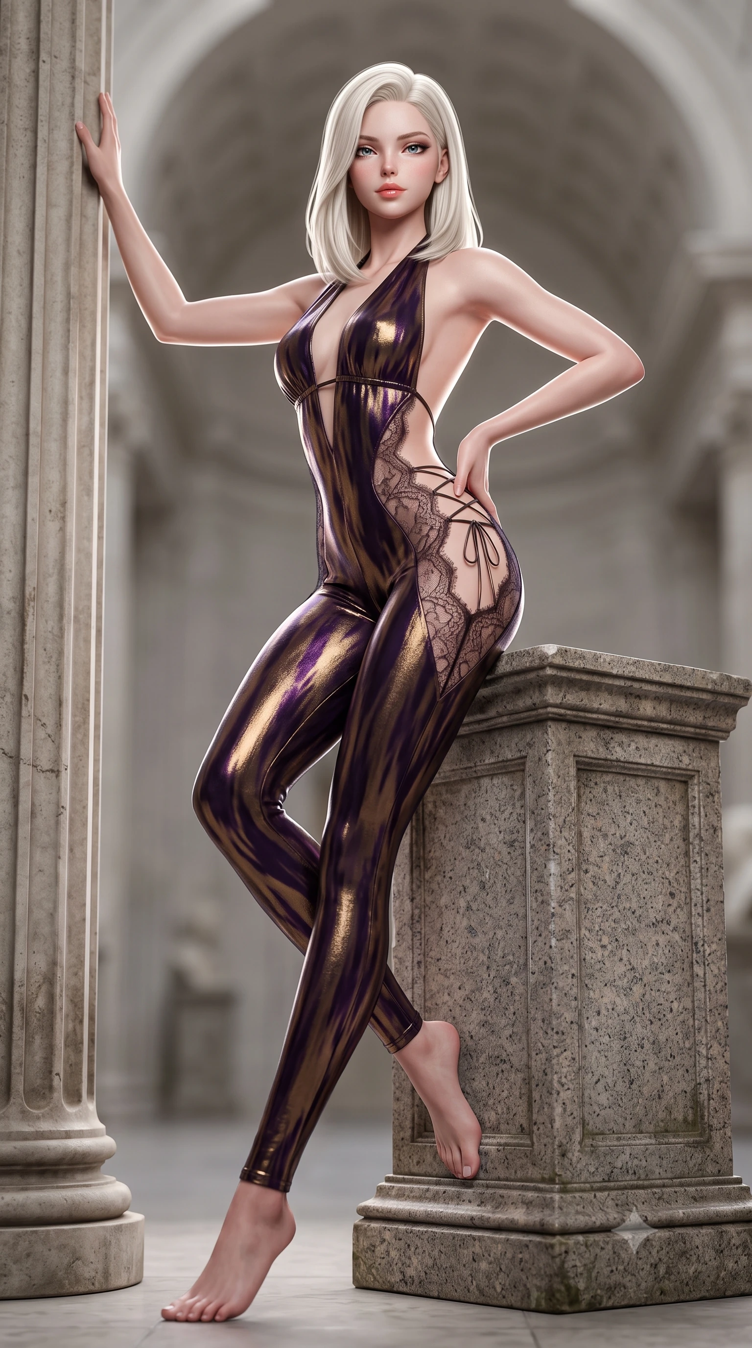 score_9, masterpiece, best quality, ultra-detailed, high-budget anime keyframe, semi-realistic 3D game render, editorial fashion photography, tasteful artistic composition, Caucasian woman. low angle full-body shot from head to toe showing her feet, filling the entire 9:16 vertical frame with her statuesque presence, stretching her vertical silhouette. standing tall beside the architectural column, one hand resting high while arching her lower back to emphasize her sculpted feminine hips and slender waist while perched sideways on an empty granite pedestal with legs crossed, one hand resting on her hip with supermodel disdain and allure. The background shows a soft-focus high ceiling space softened in cavernous museum shallow focus. She has an absolutely perfect, statuesque 8.5-heads proportion, an exceptionally tall and slender model-like female figure with impossibly long slender legs, an ultra-slim waist, a flat toned midriff, narrow delicate ribcage, and beautifully sculpted feminine hips creating a graceful, slim hourglass silhouette without any bulky heaviness. sharp v-shaped jawline, high-bridge nose, sparkling eyes with hypnotic seductive depth, thick curled eyelashes, glossy parted lips with a natural dewy peach sheen, alluring bedroom-eyes with an enchanting coquettish smile, exuding magnetic siren charisma and sophisticated glamour, flawlessly proportioned anatomical accuracy, strict slender model proportions, natural body alignment, perfectly sculpted long slender limbs, ultra-slim waistline, clean dynamic posture without body distortion. wearing a liquid metallic lamé plunge halterneck jumpsuit clinging like a second skin with high-cut side hip cutouts in dark plum violet and gilded bronze with sheer obsidian overlays, made of delicate semi-sheer French Chantilly lace with intricate eyelash edges, finished with fine criss-cross lace-up side ties revealing tantalizing glimpses of her hip curve, the glove-like clinging cut tightly following the natural contour of her hips and long slender legs with youthful 8.5-heads elegance. illuminated by floor bounce fill and sharp high-contrast white rim lights sculpting her jawline, flat midriff, and voluptuous hip curves. highly saturated vibrant anime colors, detailed shading with soft gradients, rich glossy textures, high-contrast stereoscopic depth, volumetric dynamic lighting, master piece, 9:16 ratio