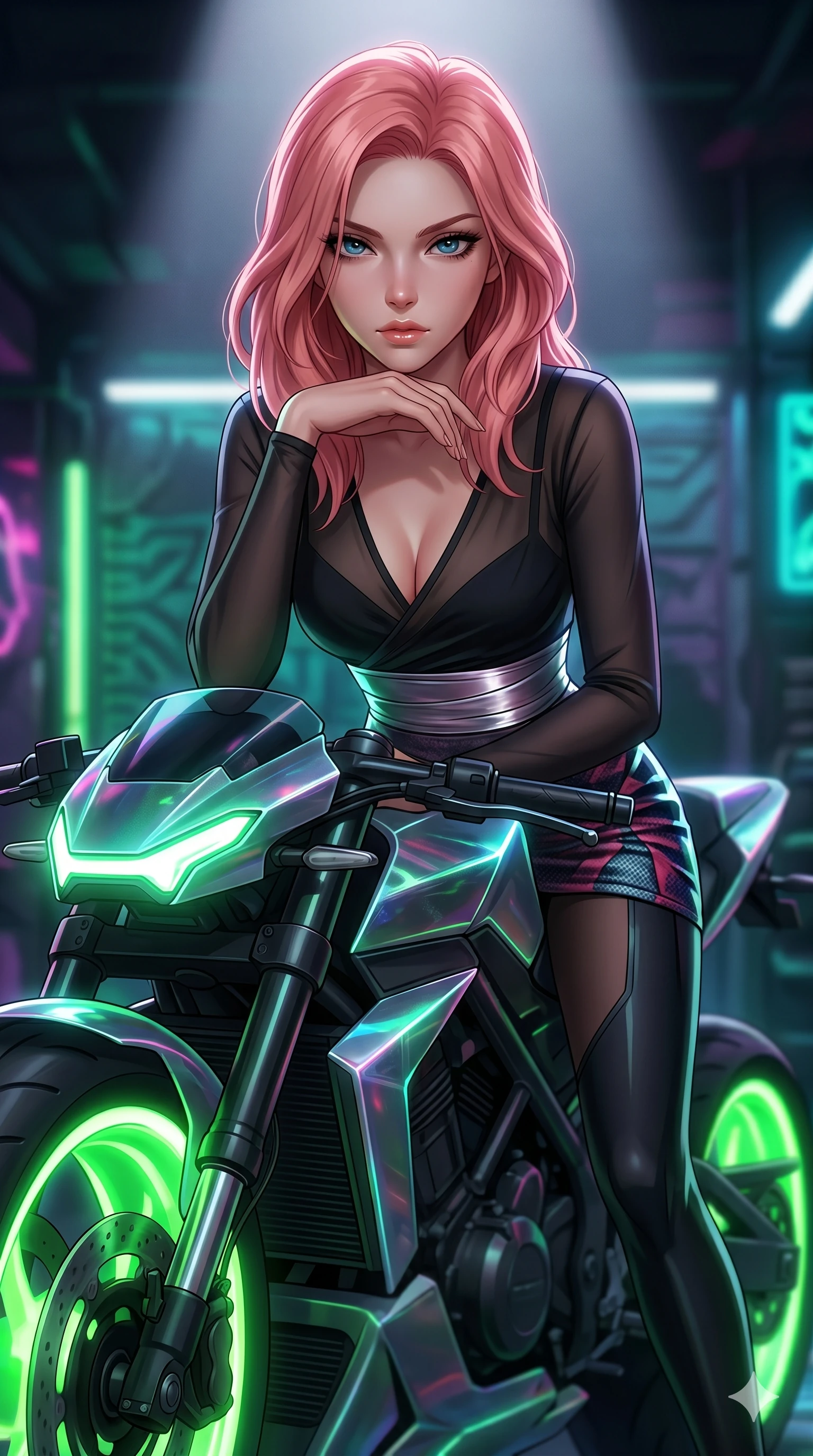 score_9, masterpiece, best quality, ultra-detailed, high-budget anime keyframe, editorial fashion photography, tasteful artistic composition, Japanese woman. Upper body close-up from the thighs up, character filling the screen for maximum presence. She is leaning over a sleek, glowing holographic cyberpunk motorcycle. She rests her chin on the handlebars, looking directly at the camera with an intense, sultry gaze. She has an absolutely perfect 8-heads proportion, an exceptionally tall and slender female figure with impossibly long slender legs and an ultra-slim waist. V-shaped jawline, high-bridge nose, intricate jewel-like eyes with depth, thick eyelashes, glossy lips with a natural sheen. She is wearing a shortened cyber-fusion wrap top with transparent chiffon panels, a deep crossover neckline, and a high-waisted metallic sash that accentuates her ultra-slim waist. The scene is lit by the neon green wheels of the bike and a bright overhead studio spotlight. 2k, ultra detail, master piece, 9:16 ratio