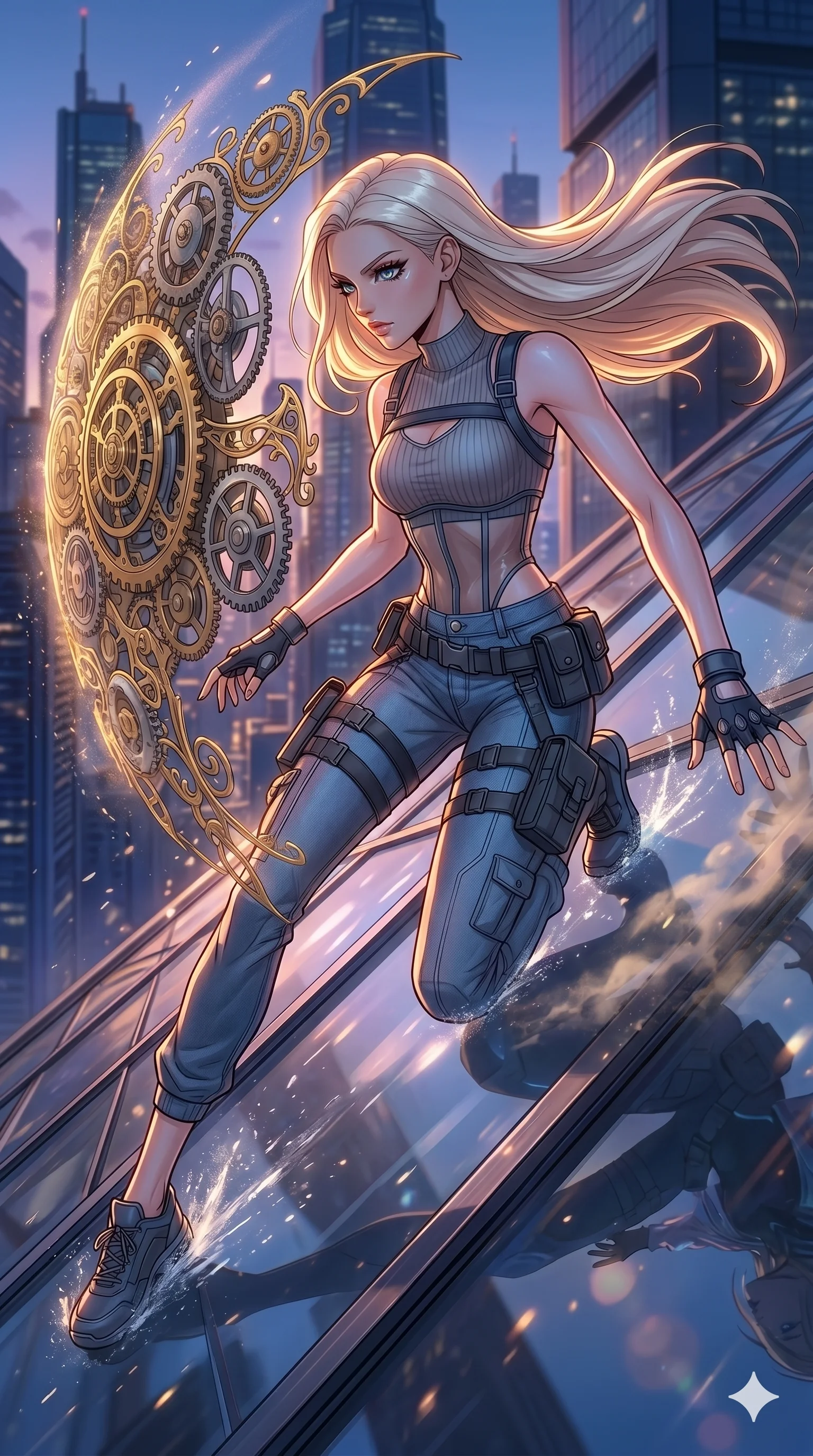 score_9, masterpiece, best quality, ultra-detailed, high-budget anime movie keyframe, cinematic anime lighting, intricate line art, Japanese woman. Dynamic full-body shot stretching the vertical silhouette with extreme perspective. summoning a barrier of gears and clockwork parts. She has an absolutely perfect 8-heads proportion, an exceptionally tall and slender female figure with an ultra-slim waist and impossibly long slender legs. strictly human anatomy, two legs only, no extra limbs, clearly defined legs and arms, perfect anatomy, perfect hands and fingers. sharp v-shaped jawline, high-bridge nose, intricate jewel-like eyes, thick eyelashes, glossy lips. Wearing Urban Trendsetter: Ribbed bodycon dress, crop top with high-waist denim, and sheer corset with cargo pants. The scene is illuminated by dramatic atmospheric lighting and vibrant color palettes. , 2k, ultra detail, master piece, 9:16 ratio