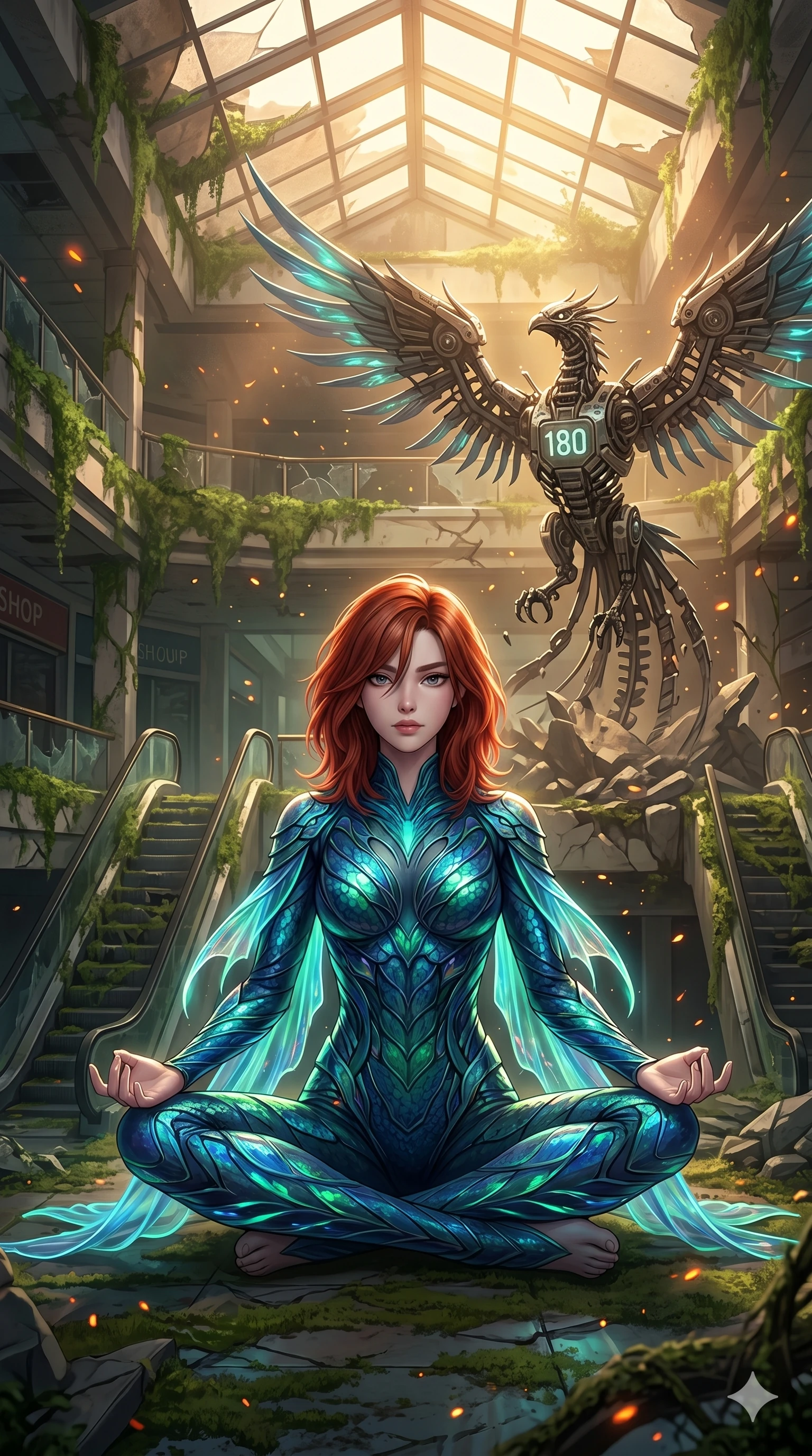 score_9, masterpiece, best quality, ultra-detailed, Set A: High-budget Anime Keyframe, Japanese woman. Low angle cowboy shot filling the entire 9:16 frame with her statuesque presence. Theme: Ethereal Dream. meditating in a ruined overgrown shopping mall, while a mechanical phoenix rises in the background marked 180. The atmosphere is filled with golden hour with floating embers. She has an absolutely perfect 8-heads proportion, an exceptionally tall and slender female figure with impossibly long slender legs and an ultra-slim waist. Sharp v-shaped jawline, high-bridge nose, intricate jewel-like eyes with depth, glossy lips. Wearing Deep-sea siren bodysuit with iridescent scales and glowing translucent fins. Cinematic lighting, vivid colors, dramatic shadows, 2k, ultra detail, master piece, 9:16 ratio