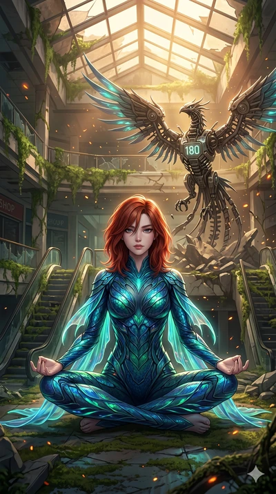 score_9, masterpiece, best quality, ultra-detailed, Set A: High-budget Anime Keyframe, Japanese woman. Low angle cowboy shot filling the entire 9:16 frame with her statuesque presence. Theme: Ethereal Dream. meditating in a ruined overgrown shopping 