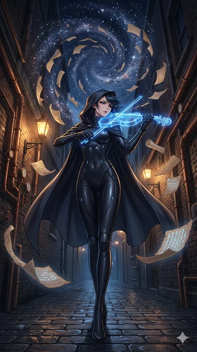 score_9, masterpiece, best quality, ultra-detailed, Set A: High-budget Anime Keyframe, Japanese woman. Low angle cowboy shot filling the entire 9:16 frame with her statuesque presence. Theme: Primal Nature. playing a holographic violin in a steampunk