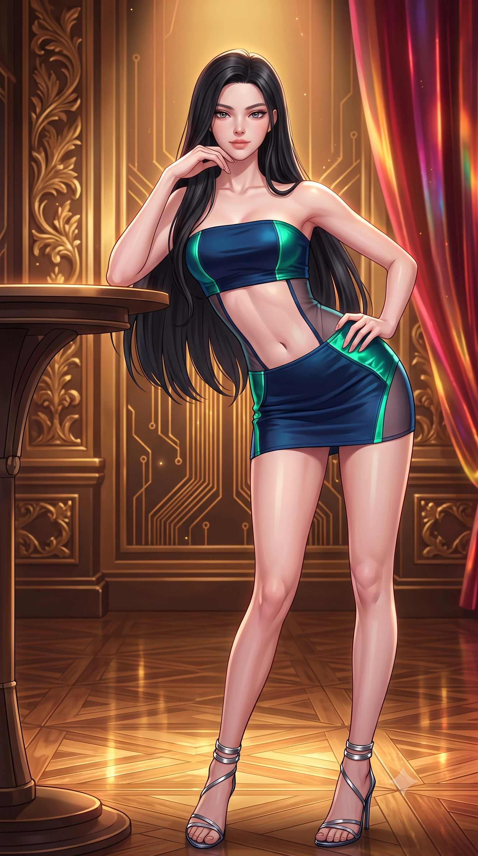 score_9, masterpiece, best quality, ultra-detailed, high-budget anime keyframe, semi-realistic 3D game render, editorial fashion photography, tasteful artistic composition, Korean woman. close-up cowboy shot from the waist and thighs up, the character dominates the composition, filling the frame with her large presence. resting one elbow on the table and supporting her chin, leaning close to the camera with heavy-lidded sparkling eyes and parted lips while twisting her slender torso in an alluring contrapposto stance, fiber-optic gold filigree and crimson velvet light wrapping around her narrow waist and curvy hips. The surrounding environment is rendered in vivid detail and crisp panoramic clarity: sharp hand-carved gilded wood reliefs, pulsing gold micro-circuitry inlays, and polished stage parquet reflections in deep focus. She has an exceptionally elegant, slender, and willowy female figure with an ultra-slim waist, flat toned midriff, narrow ribcage, and sculpted feminine hips creating an alluring, slim hourglass silhouette without bulk. sharp v-shaped jawline, high-bridge nose, intricate jewel-like sparkling eyes with depth, thick eyelashes, glossy parted lips with a natural peach sheen, bright cheerful beaming smile with an enchanting and coquettish sensual glint, exuding both youthful cute charm and seductive allure, flawlessly proportioned anatomical accuracy, strict slender model proportions, natural body alignment, perfectly sculpted long slender limbs, ultra-slim waistline, clean dynamic posture without body distortion. wearing an ultra-cropped tech-wear bandeau top paired with a micro mini skirt revealing her flat toned midriff in abyssal ocean sapphire and bioluminescent emerald, featuring strategic sheer-illusion tulle side panels framing her ribcage and hips, complemented by strappy stiletto sandals with metallic ankle wraps accentuating her slender calves, the second-skin tailored fabric adhering flawlessly to her sculpted flat midriff and slender torso, emphasizing her long leg lines and perfectly proportioned willowy build. bathed in warm 2600K golden spotlight radiance combined with ruby and amber holographic curtain glow. highly saturated vibrant anime colors, detailed shading with soft gradients, rich glossy textures, high-contrast stereoscopic depth, volumetric dynamic lighting, master piece, 9:16 ratio