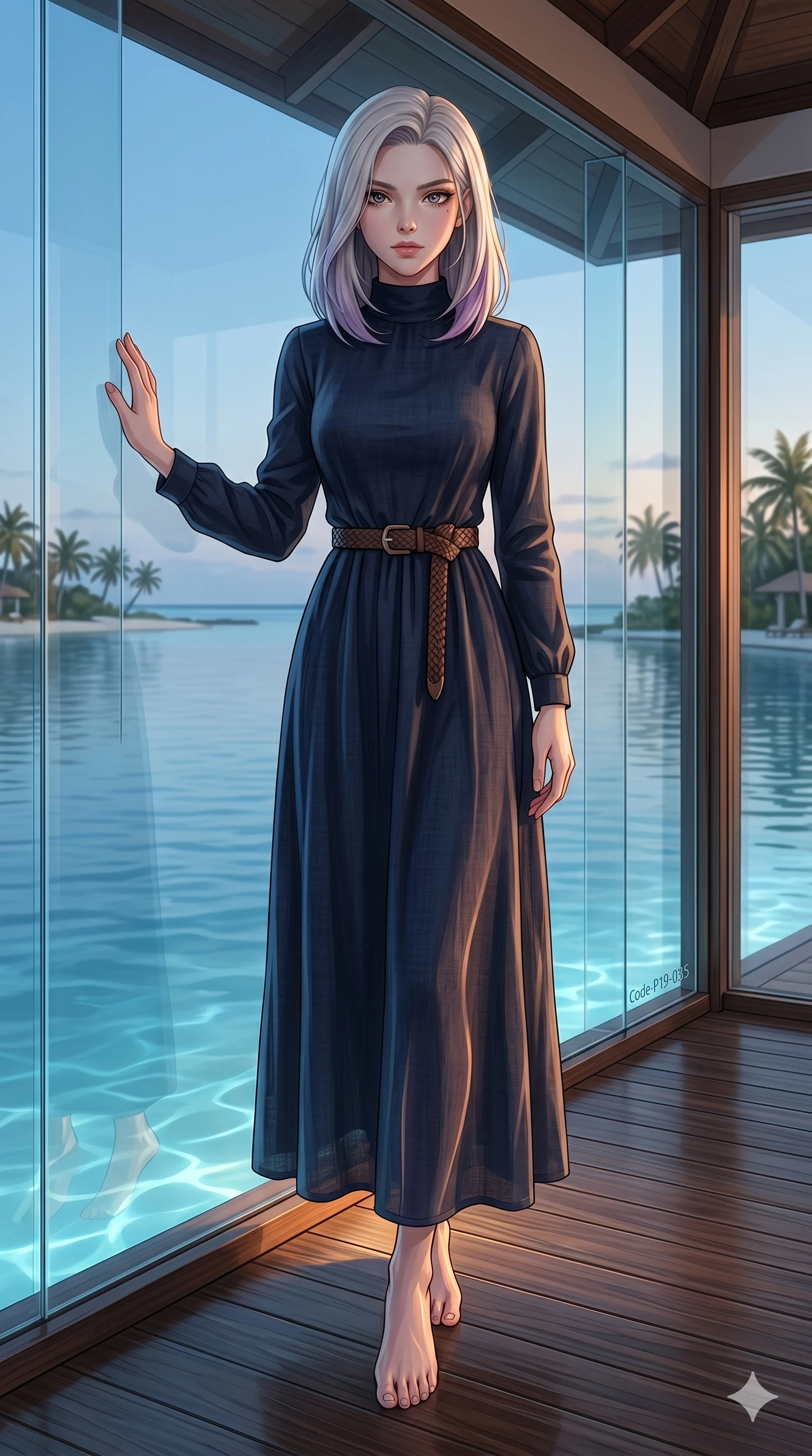 score_9, masterpiece, best quality, ultra-detailed, high-budget anime keyframe, editorial fashion photography, tasteful artistic composition, Caucasian woman, strictly human ears. low angle full-body shot from head to toe showing her feet, filling the entire 9:16 vertical frame with her statuesque presence, stretching her vertical silhouette. resting one hand on the beach house window, looking toward the camera with a slow, hypnotic gaze inside a sun-drenched glass pavilion overlooking a calm resort lagoon (Code-P19-035). She has an absolutely perfect 8-heads proportion, an exceptionally tall and slender female figure with impossibly long slender legs and an ultra-slim waist. V-shaped jawline, high-bridge nose, intricate jewel-like eyes with depth, thick eyelashes, glossy lips with a natural sheen. wearing a high-neck long-sleeved maxi dress in a dark navy linen fabric with a woven belt. lit from below by warm pool under-lights, tracing the contours of her body in the twilight. 2k, ultra detail, master piece, 9:16 ratio