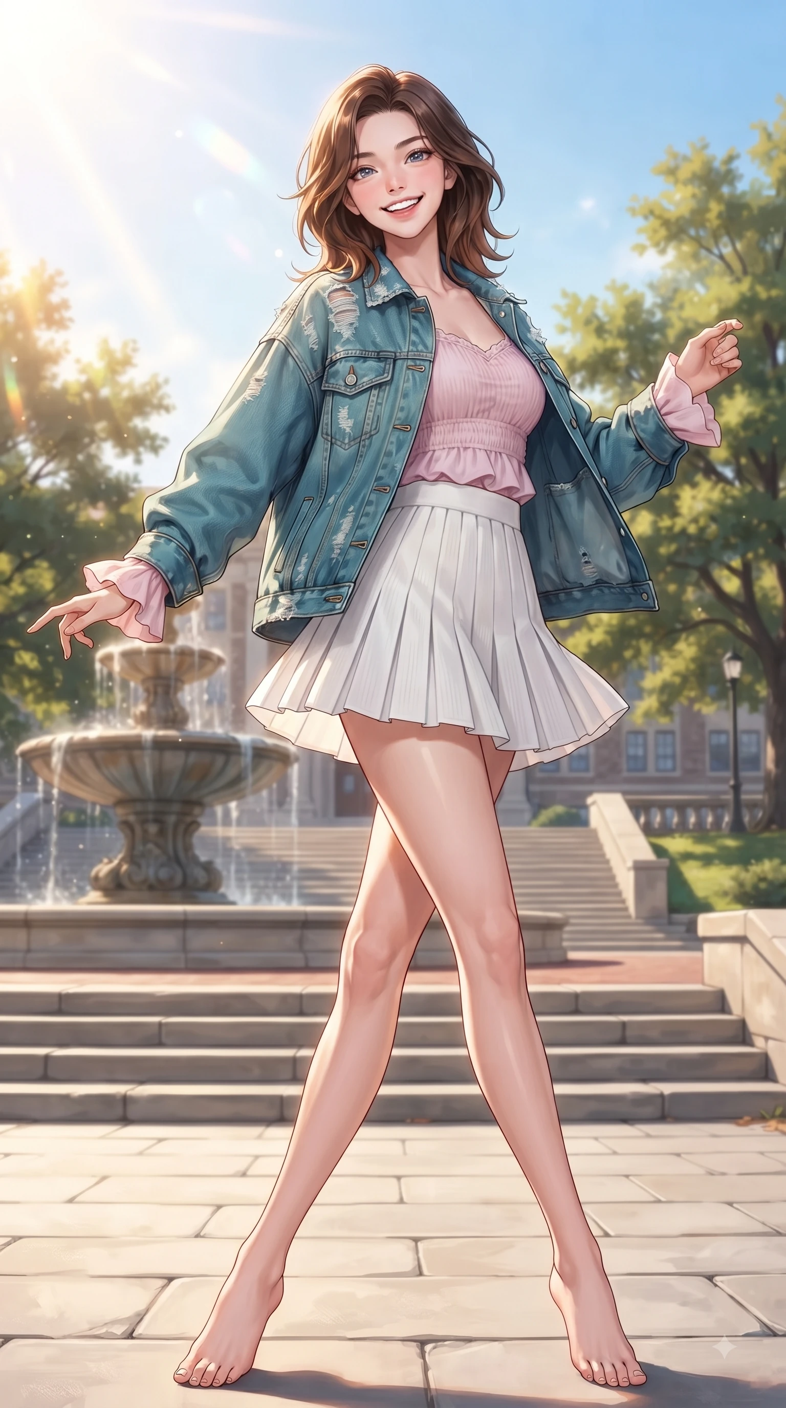 score_9, masterpiece, best quality, ultra-detailed, high-budget anime keyframe, editorial fashion photography, tasteful artistic composition, Korean woman. low angle full-body shot from head to toe showing her feet, filling the entire 9:16 vertical frame with her statuesque presence, stretching her vertical silhouette. pivoting dynamically with a fresh infectious smile, her ultra-slim waist creating a sweeping fluid curve while reaching out cheerfully with a bright smile near a grand stone fountain on the college quad. The surrounding environment is rendered in vivid detail and crisp panoramic clarity. bright spring sunbeams illuminating campus stone steps and oak trees with environmental clarity. She has an absolutely perfect, statuesque 8.5-heads proportion, an exceptionally tall and slender model-like female figure with impossibly long slender legs and an ultra-slim waist. sharp v-shaped jawline, high-bridge nose, intricate jewel-like eyes with depth, thick eyelashes, glossy lips with a natural sheen, flawlessly proportioned anatomical accuracy, natural body alignment, perfectly sculpted elegant limbs, clean dynamic posture without body distortion. wearing a trendy oversized denim jacket over a soft pastel pink camisole and white pleated mini skirt in ocean turquoise and sea-salt white, made of comfortable premium stretch denim and soft jersey, accented with soft smocked details and fluttery cuffs, the soft airy drape swaying gracefully with her dynamic movements. illuminated by warm golden sunbursts and bright clear sky refractions. ultra-reflective glossy finish, specular highlights, metallic sheen, high-contrast stereoscopic depth, volumetric dynamic lighting, 2k, ultra detail, master piece, 9:16 ratio
