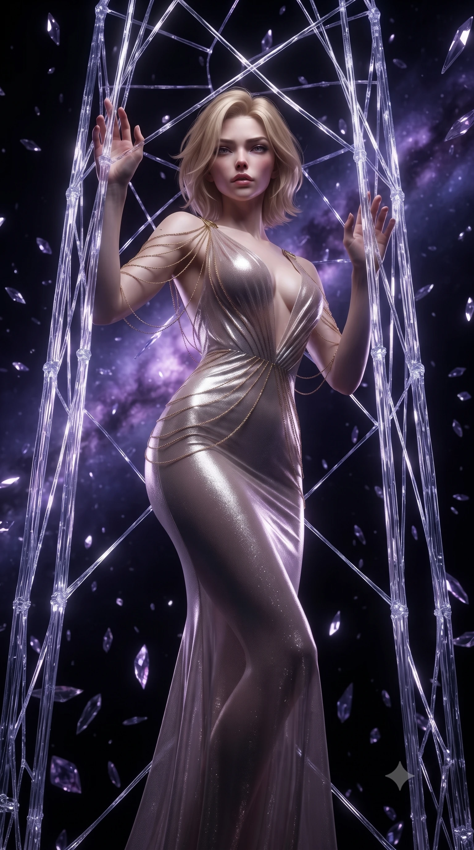 score_9, masterpiece, best quality, ultra-detailed, High-budget Anime Keyframe, editorial fashion photography, tasteful artistic composition, realistic cosplay photography, Caucasian woman, strictly human ears. Low angle cowboy shot filling the entire 9:16 frame with her statuesque presence. Scenario 377: trapped in a cage of glowing crystalline fibers, her body pressing against the bars, in a dark void filled with floating crystal shards reflecting purple nebulae. Her presence is magnetic and overpowering in this high-budget cinematic scene. Outfit 377: a form-contouring shimmering chiffon sheer with a low-cut shoulder and fine gold chains. The clothing is designed to emphasize her exceptionally tall and slender 8-heads proportion. 8-heads proportion, towering silhouette, ultra-slim waist. sharp v-shaped jawline, intricate jewel-like eyes with depth, thick eyelashes, glossy lips. ultra-reflective glossy finish, specular highlights, metallic sheen, high-contrast stereoscopic depth, volumetric dynamic lighting, 2k, ultra detail, master piece, 9:16 ratio