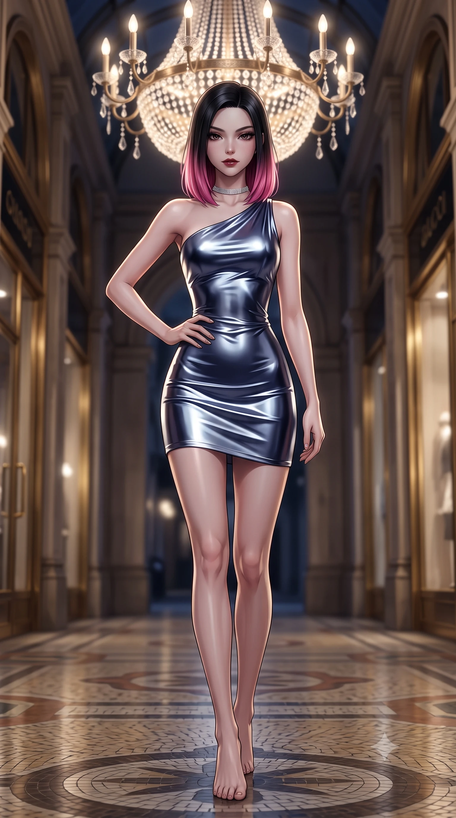 score_9, masterpiece, best quality, ultra-detailed, high-budget anime keyframe, editorial fashion photography, tasteful artistic composition, Korean woman. low angle full-body shot from head to toe showing her feet, filling the entire 9:16 vertical frame with her statuesque presence, stretching her vertical silhouette. pausing mid-stride beneath the grand chandelier with one hand resting on her narrow waist, her arched hips and statuesque 8.5-heads presence commanding the 9:16 vertical frame while twisting her slender torso in an alluring contrapposto stance, her dark tailored gown clinging to her narrow waist and rounded feminine hips. The composition keeps background elements in soft focus with dreamy creamy bokeh. the quiet midnight mosaic arcade floor and elegant shopfront brass frames softened in regal Milanese shallow focus. She has an exceptionally tall and slender model-like 8.5-heads proportion, an ultra-slim waist, a flat toned midriff, narrow delicate ribcage, and beautifully sculpted feminine hips creating a graceful, slim hourglass silhouette without any bulky heaviness, with impossibly long slender legs. sharp v-shaped jawline, high-bridge nose, intricate jewel-like dark sparkling eyes with dangerous depth, thick curled eyelashes, glossy parted lips with a rich wine sheen, smoldering seductive half-smile with bedroom-eyes, exuding effortless superiority and intoxicating dark allure, flawlessly proportioned anatomical accuracy, strict slender model proportions, natural body alignment, perfectly sculpted long slender limbs, ultra-slim waistline, clean dynamic posture without body distortion. wearing an asymmetric one-shoulder liquid mercury metallic mini dress hugging her narrow waist and curvy hips in midnight indigo and icy platinum, crafted from heavy fluid silk satin with a liquid mirror-like drape, finished with a delicate diamond choker catching the chandelier light, the form-fitting cut adhering flawlessly to her sculpted flat midriff and slender torso, emphasizing her long leg lines and perfectly proportioned willowy build. illuminated by crisp champagne gold rim lighting and sharp architectural downlights sculpting her razor-sharp jawline, narrow waist, and curvy hips. ultra-reflective glossy finish, specular highlights, rich textural contrasts, high-contrast stereoscopic depth, volumetric dynamic lighting, 2k, ultra detail, master piece, 9:16 ratio