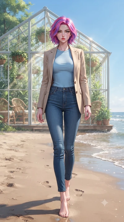 score_9, masterpiece, best quality, ultra-detailed, high-budget anime keyframe, editorial fashion photography, tasteful artistic composition, Caucasian woman woman. low angle full-body shot from head to toe showing her feet, filling the entire 9:16 v