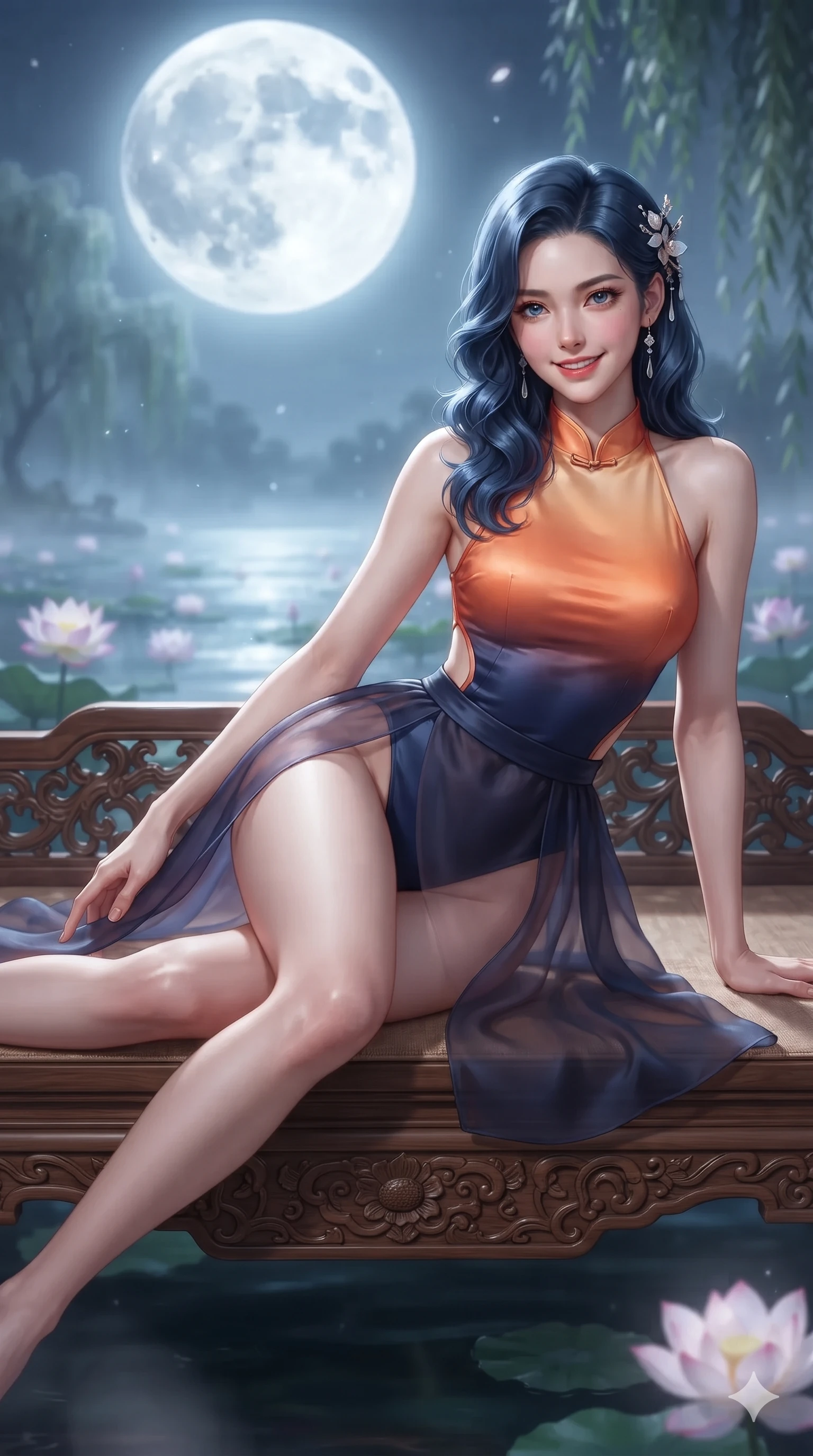 score_9, masterpiece, best quality, ultra-detailed, high-budget anime keyframe, editorial fashion photography, tasteful artistic composition, Korean woman. close-up cowboy shot from the waist and thighs up, the character dominates the composition, filling the frame with her large presence. smiling with quiet, magnetic self-assurance directly into the camera, her sculpted waistline catching specular moonbeam highlights while reclining gracefully across the carved teak daybed with one leg extended, her sculpted silhouette and flat midriff radiating nocturnal serenity. The background shows a soft-focus the giant glowing harvest full moon, floating lotus blossoms, and misty willow trees blurred into silver, jade, and amethyst bokeh. She has an exceptionally elegant, slender, and willowy female figure with an ultra-slim waist, flat toned midriff, narrow ribcage, and sculpted feminine hips creating an alluring, slim hourglass silhouette without bulk. sharp v-shaped jawline, high-bridge nose, sparkling eyes with hypnotic seductive depth, thick curled eyelashes, glossy parted lips with a natural dewy peach sheen, alluring bedroom-eyes with an enchanting coquettish smile, exuding magnetic siren charisma and sophisticated glamour, flawlessly proportioned anatomical accuracy, strict slender model proportions, natural body alignment, perfectly sculpted long slender limbs, ultra-slim waistline, clean dynamic posture without body distortion. wearing a provocative sheer nobang organza wrap overskirt layered over a form-fitting silk leotard with bare hip flanks in sunset tangerine orange and deep navy indigo, tailored from smooth liquid silk satin with a natural dewy moonlight sheen, finished with delicate mother-of-pearl hairpin ornaments glinting in her dark glossy hair, the precision-cut side openings and low-back scoop framing her graceful spine and the sensual sweep of her slim, toned hips. bathed in pure silver moonlight cascading directly from the harvest full moon above. ultra-reflective glossy finish, specular highlights, rich textural contrasts, high-contrast stereoscopic depth, volumetric dynamic lighting, 2k, ultra detail, master piece, 9:16 ratio