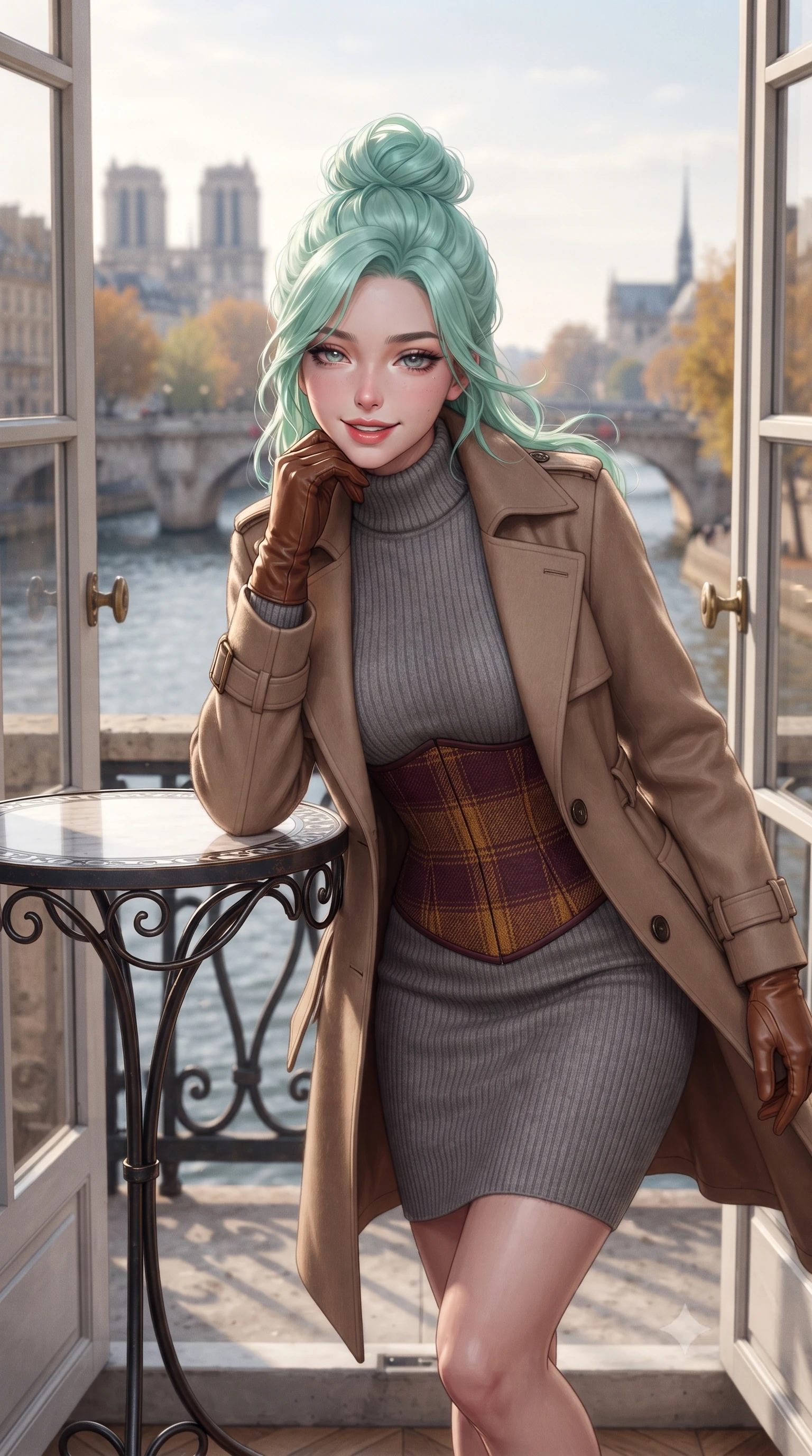 score_9, masterpiece, best quality, ultra-detailed, high-budget anime keyframe, editorial fashion photography, tasteful artistic composition, Japanese woman. close-up cowboy shot from the waist and thighs up, the character dominates the composition, filling the frame with her large presence. resting one elbow on the table and supporting her chin, leaning close to the camera with heavy-lidded sparkling eyes and parted lips while stepping out through tall French double doors onto the stone balcony ledge, her belted cashmere coat catching the brisk autumn breeze. The background shows a soft-focus flowing River Seine waters, autumn-colored trees along the quays, historic stone bridges, and distant Notre-Dame towers blurred into slate blue, copper, and zinc grey bokeh. She has an exceptionally elegant, slender, and willowy female figure with an ultra-slim waist, flat toned midriff, narrow ribcage, and sculpted feminine hips creating an alluring, slim hourglass silhouette without bulk. sharp v-shaped jawline, high-bridge nose, intricate jewel-like sparkling eyes with depth, thick eyelashes, glossy parted lips with a natural peach sheen, bright cheerful beaming smile with an enchanting and coquettish sensual glint, exuding both youthful cute charm and seductive allure, flawlessly proportioned anatomical accuracy, strict slender model proportions, natural body alignment, perfectly sculpted long slender limbs, ultra-slim waistline, clean dynamic posture without body distortion. wearing a form-contouring ribbed cashmere mock-neck knit bodycon dress clinging like a second skin, paired with a tailored tweed waist cincher in rich Oxford burgundy and golden amber, made of ultra-fine Mongolian cashmere with sleek glove-like elasticity contouring her silhouette, complemented by buttery leather opera gloves tracing her slender arms with sleek polish, the glove-like clinging cut tightly following the natural contour of her hips and long slender legs with youthful 8.5-heads elegance. bathed in soft, luminous early morning autumn sunlight reflecting off the Seine river surface and stone facades. ultra-reflective glossy finish, specular highlights, rich textural contrasts, high-contrast stereoscopic depth, volumetric dynamic lighting, 2k, ultra detail, master piece, 9:16 ratio