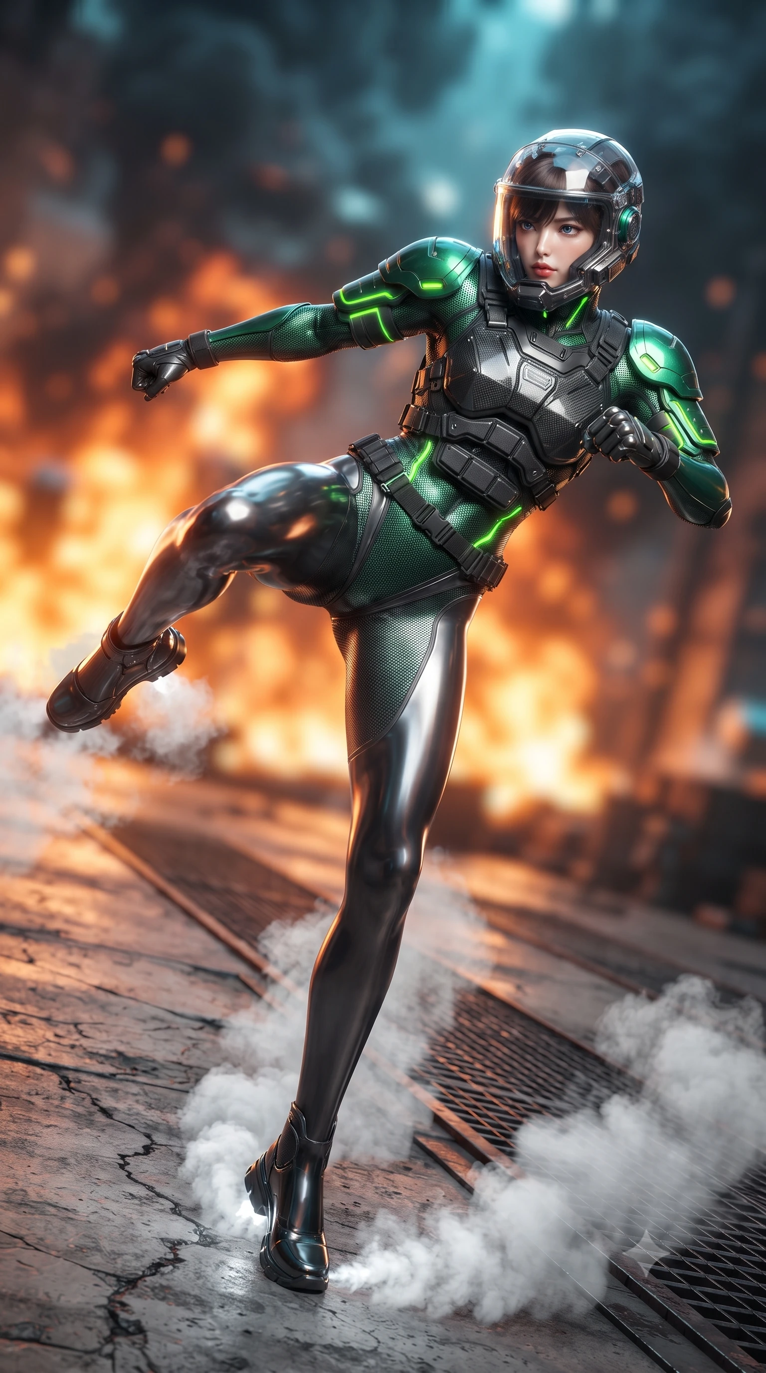 score_9, masterpiece, best quality, ultra-detailed, high-budget anime keyframe, editorial fashion photography, tasteful artistic composition, Korean woman. low angle full-body shot from head to toe showing her feet, filling the entire 9:16 vertical frame with her statuesque presence, stretching her vertical silhouette. pivoting dynamically in a high-speed low sweep kick along the cracked concrete, her athletic torso and ultra-slim waist twisting in a fluid arc of power while pivoting dynamically on the slanted metal plating as steam hisses from cooling hydraulics beneath her boots. The composition keeps background elements in soft focus with creamy bokeh. massive burning mech reactor fires and billowing steam clouds blurred into radiant orange, charcoal, and cyan bokeh. She has an absolutely perfect, statuesque 8.5-heads proportion, an exceptionally tall and slender model-like female figure with impossibly long slender legs, a toned flat midriff, and an ultra-slim waist. sharp v-shaped jawline, high-bridge nose, intricate jewel-like eyes with depth, thick eyelashes, glossy lips with a natural sheen, fierce and resolute heroine expression, flawlessly proportioned anatomical accuracy, strict slender model proportions, natural body alignment, perfectly sculpted long slender limbs, ultra-slim waistline, clean dynamic posture without body distortion. wearing a crystal-clear transparent armored riot-visor helmet showing her entire beautiful face and determined expression with pristine clarity, paired with a heavy modular carbon-fiber combat cuirass paired with a second-skin tactical leotard and reinforced titanium shoulder pauldrons in toxic emerald green carbon composite with glowing lime warning channels, tailored from flexible second-skin ballistic carbon-mesh adhering flawlessly to her athletic build, reinforced by a heavy-duty titanium tactical harness and glowing micro-energy status straps, the glove-like aerodynamic second-skin fit tightly clinging to her ultra-slender waist and athletic curves without adding bulk, accentuating her razor-sharp statuesque lines and slim hourglass silhouette. illuminated by crisp specular highlights sharply tracing her sculpted flat midriff, waist, and long slender legs. ultra-reflective glossy finish, specular highlights, dark metallic sheen, high-contrast stereoscopic depth, volumetric dynamic lighting, 2k, ultra detail, master piece, 9:16 ratio