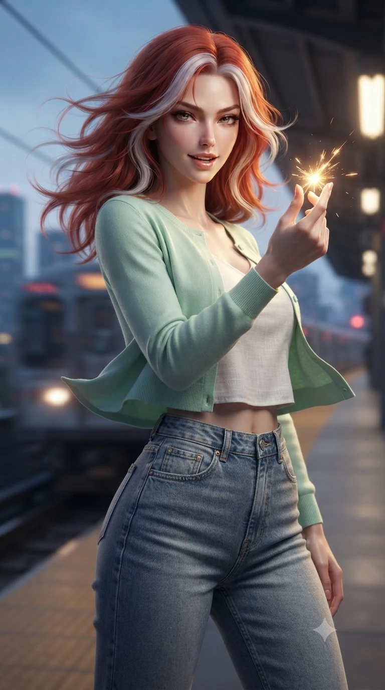 score_9, masterpiece, best quality, ultra-detailed, high-budget anime keyframe, editorial fashion photography, tasteful artistic composition, realistic cosplay photography, Caucasian woman, strictly human ears. close-up cowboy shot from the waist and thighs up, the character dominates the composition, filling the frame with her large presence, background elements kept in soft focus. Snapping a finger to ignite a spark of magic, lips parted in a self-assured smirk. set against a soft-focus background of the platform edge of an elevated sky-train station, wind whipping past as a train speeds away into a neon skyline. She has an exceptionally elegant and slender, willowy female figure with an ultra-slim waist, a gracefully sculpted slender torso, and a refined slim physique. sharp v-shaped jawline, high-bridge nose, intricate jewel-like eyes with depth, thick eyelashes, glossy lips with a natural sheen. wearing the lightweight fabric rippling and billowing dramatically with her movement, a tailored pastel mint green cropped cardigan over a white linen top, paired with high-waisted washed blue jeans. dramatic chiaroscuro with a single golden key light sculpting her silhouette. ultra-reflective glossy finish, specular highlights, metallic sheen, high-contrast stereoscopic depth, volumetric dynamic lighting, 2k, ultra detail, master piece, 9:16 ratio