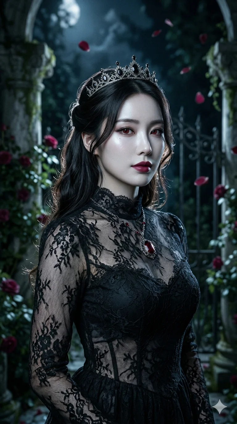 score_9, masterpiece, best quality, ultra-detailed, photorealistic 8k CG render, an incredibly beautiful Korean woman. Medium shot of upper body filling the frame. She is a high-society vampire queen in a moonlit garden. She has an absolutely perfect 8-heads proportion, a towering and slender female figure. Her face is a masterpiece with porcelain skin, crimson eyes, and thick eyelashes. She is wearing a high-cut black lace gown with a deep cleavage, highlighting her alluring silhouette. Moonbeams and floating rose petals, dramatic rim lighting, radiant glowing skin, 2k, ultra detail, master piece, 9:16 ratio