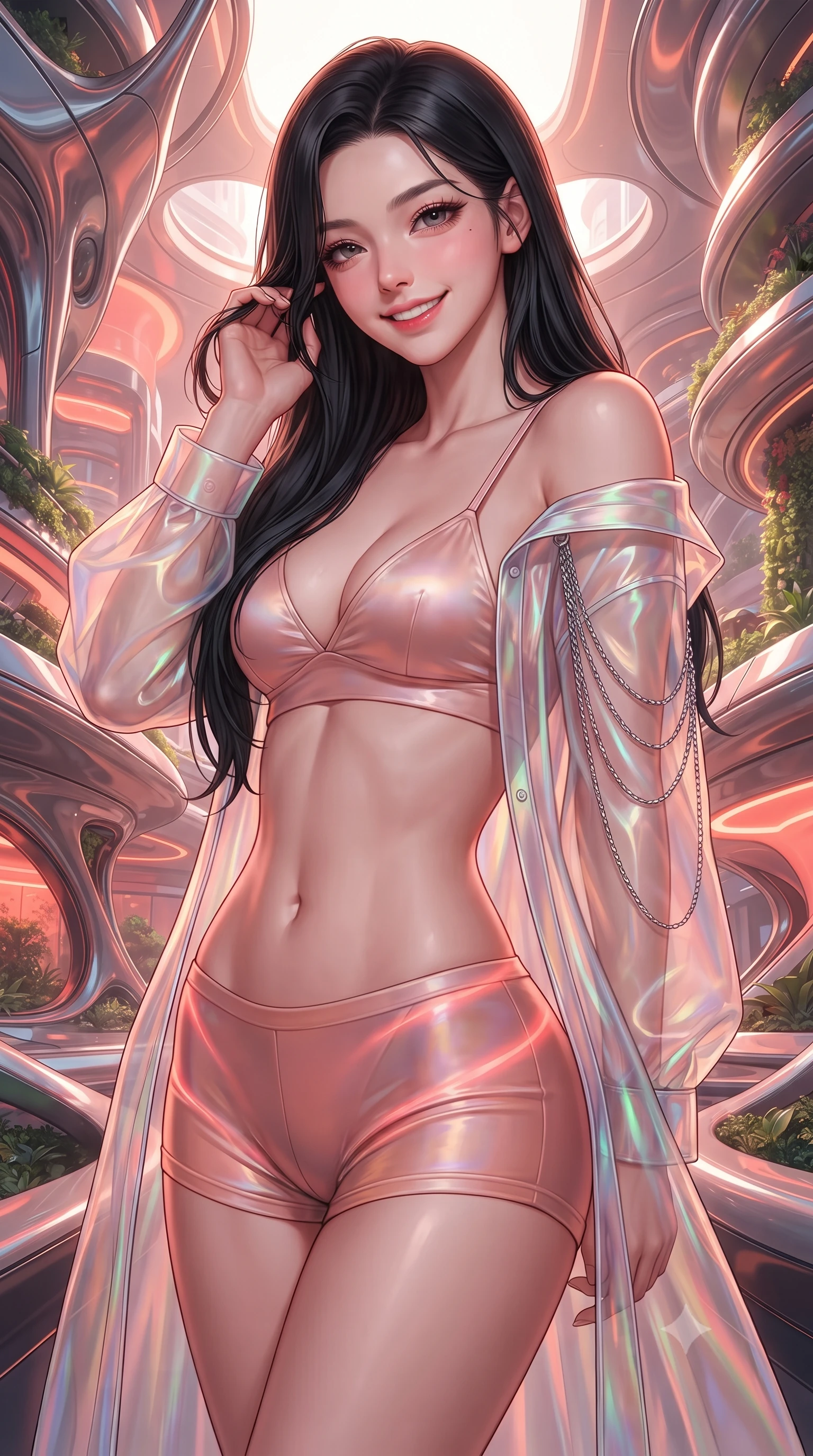 score_9, masterpiece, best quality, ultra-detailed, high-budget anime keyframe, editorial fashion photography, tasteful artistic composition, Korean woman. close-up cowboy shot from the waist and thighs up, the character dominates the composition, filling the frame with her large presence. gently brushing a lock of hair behind her ear while casting a playful, flirtatious side-gaze with long eyelashes while twisting her slender torso in an alluring S-curve, rippling sunbeams and neon coral glow painting sensual light ribbons across her flat midriff and hips. The surrounding environment is rendered in vivid detail and crisp panoramic clarity: detailed outfit textures, second-skin fit, and futuristic eco-cybernetic architecture in high resolution. She has an exceptionally elegant, slender, and willowy female figure with an ultra-slim waist, flat toned midriff, narrow ribcage, and sculpted feminine hips creating an alluring, slim hourglass silhouette without bulk. sharp v-shaped jawline, high-bridge nose, intricate jewel-like sparkling eyes with depth, thick eyelashes, glossy parted lips with a natural peach sheen, bright cheerful beaming smile with an enchanting and coquettish sensual glint, exuding both youthful cute charm and seductive allure, flawlessly proportioned anatomical accuracy, strict slender model proportions, natural body alignment, perfectly sculpted long slender limbs, ultra-slim waistline, clean dynamic posture without body distortion. wearing a translucent iridescent organza tactical robe slipping off bare shoulders over a matching satin micro-bralette and combat shorts in Solaris liquid rose-quartz and alien peach, made of fluid liquid jersey with seamless sculpting hold and smooth contours, accented with an open-back drape framed by falling strands of delicate chrome chains, the form-contouring silhouette accentuating her sculpted flat midriff, narrow delicate ribcage, and gracefully curvy hips with intoxicating allure. bathed in the glowing natural fluorescence of deep corals combined with warm 2500K interior recessed cove lighting. ultra-reflective glossy finish, specular highlights, rich textural contrasts, high-contrast stereoscopic depth, volumetric dynamic lighting, 2k, ultra detail, master piece, 9:16 ratio