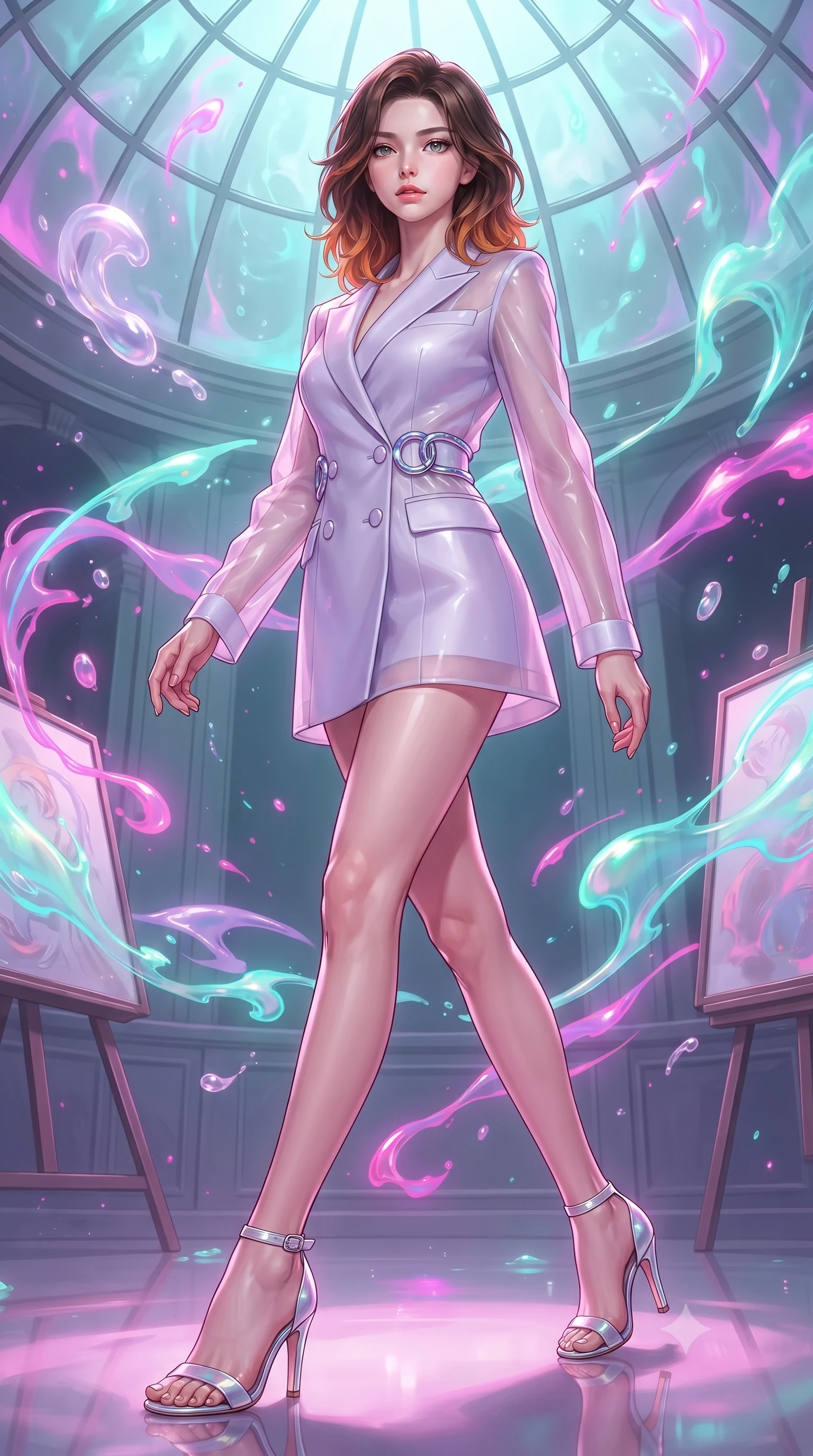 score_9, masterpiece, best quality, ultra-detailed, high-budget anime keyframe, editorial fashion photography, tasteful artistic composition, Korean woman. low angle full-body shot from head to toe showing her feet, filling the entire 9:16 vertical frame with her statuesque presence, stretching her vertical silhouette. stepping gracefully through the radiant environment, stretching her statuesque silhouette, standing inside a glass-domed art atelier filled with floating liquid opal paint swirls, glowing neon brushstrokes floating poetically around her silhouette. She has an absolutely perfect, statuesque 8.5-heads proportion, an exceptionally tall and slender model-like female figure with impossibly long slender legs and an ultra-slim waist. sharp v-shaped jawline, high-bridge nose, intricate jewel-like eyes with depth, thick eyelashes, glossy lips with a natural sheen. wearing tailored double-breasted opal white blazer dress in pastel lavender violet, made of sheer opal chiffon overlay, accented with sculpted opal chrome rings at the waist, highlighting her statuesque proportions and ultra-slim waistline. surrounded by a radiant glow of magenta and aqua fluid highlights. ultra-reflective glossy finish, specular highlights, metallic sheen, high-contrast stereoscopic depth, volumetric dynamic lighting, 2k, ultra detail, master piece, 9:16 ratio