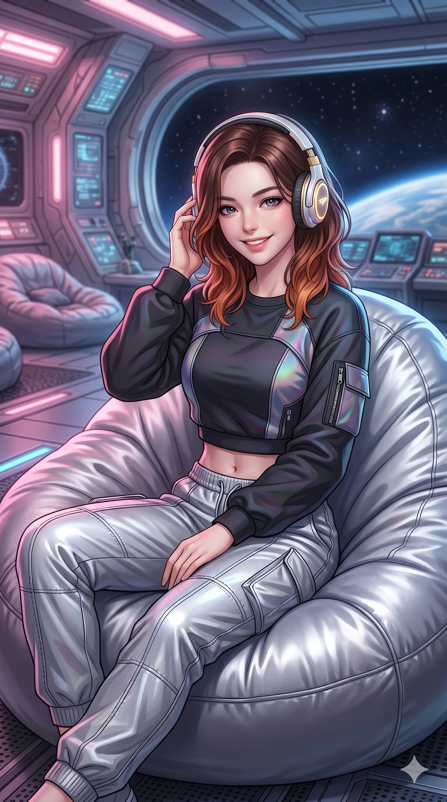 score_9, masterpiece, best quality, ultra-detailed, high-budget anime keyframe, Korean woman. Upper body close-up from the thighs up, character filling the screen for maximum presence. Inside a space station lounge, listening to music, sitting on a beanbag, looking towards the camera with a happy, relaxed expression. She is wearing a casual cropped tech-wear sweater and structured silver sweatpants. The scene is bathed in soft pink and blue ambient lights from the walls. 2k, ultra detail, master piece, 9:16 ratio