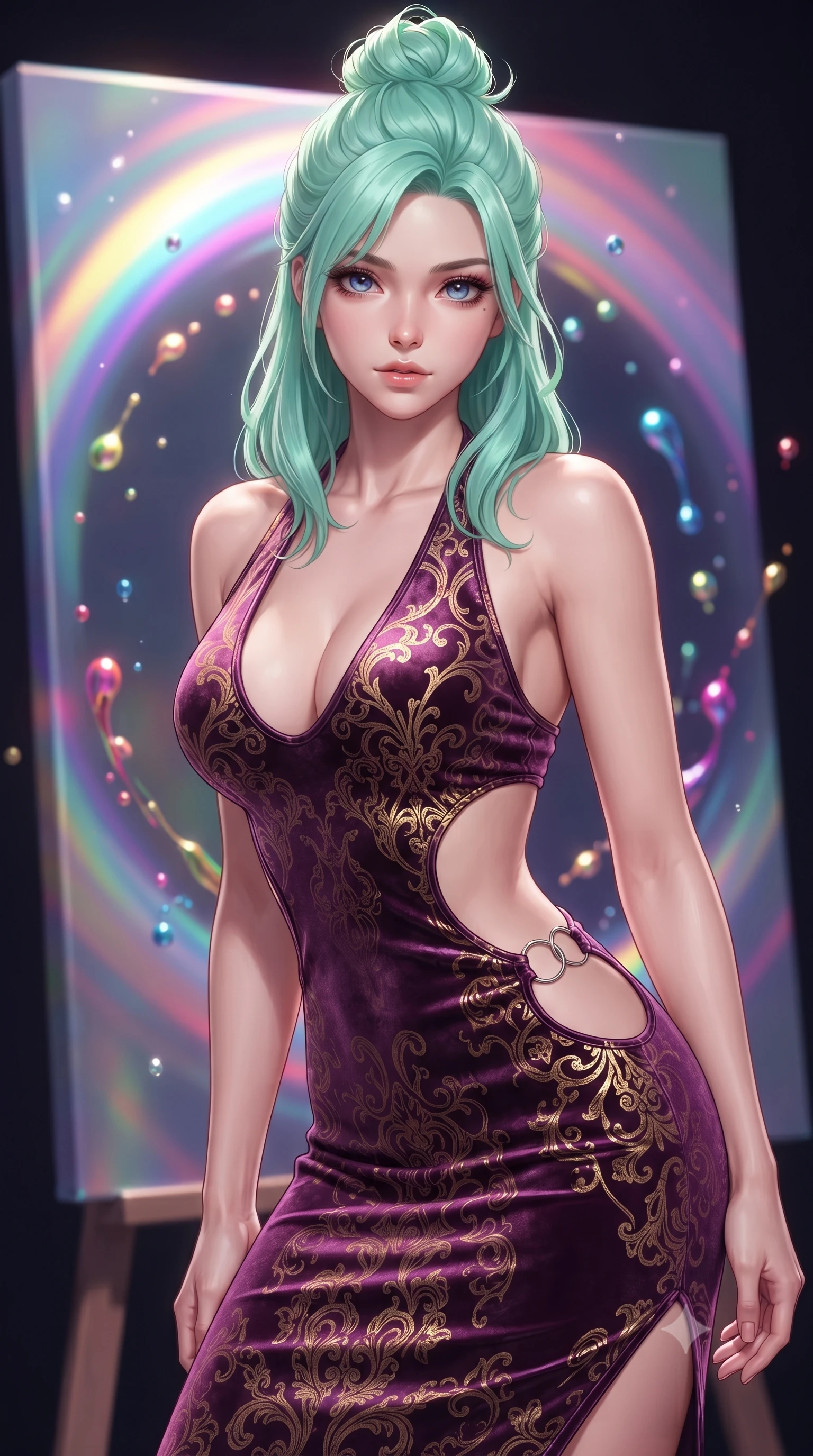 score_9, masterpiece, best quality, ultra-detailed, high-budget anime keyframe, editorial fashion photography, tasteful artistic composition, Japanese woman. close-up cowboy shot from the waist and thighs up, the character dominates the composition, filling the frame with her large presence, background elements kept in soft focus. Leaning slightly forward with a composed, seductive gaze under soft glowing light poised before a giant holographic canvas emitting luminous color arcs, vibrant paint droplets frozen in time casting specular highlights. She has an exceptionally elegant, slender, and willowy female figure with an ultra-slim waist, a gracefully sculpted slender torso, and a refined silhouette. sharp v-shaped jawline, high-bridge nose, intricate jewel-like eyes with depth, thick eyelashes, glossy lips with a natural sheen. wearing a deep-scoop halter bodycon dress with hip cutouts connected by silver rings in plum purple and gold filigree, made of premium stretch velvet with a rich sheen, featuring clean architectural cutouts along her slender torso, the tailored fabric tightly following every curve of her athletic build. bathed in high-contrast vibrant studio lighting with sharp specular highlights. highly saturated vibrant anime colors, detailed shading with soft gradients, rich glossy textures, high-contrast stereoscopic depth, volumetric dynamic lighting, master piece, 9:16 ratio