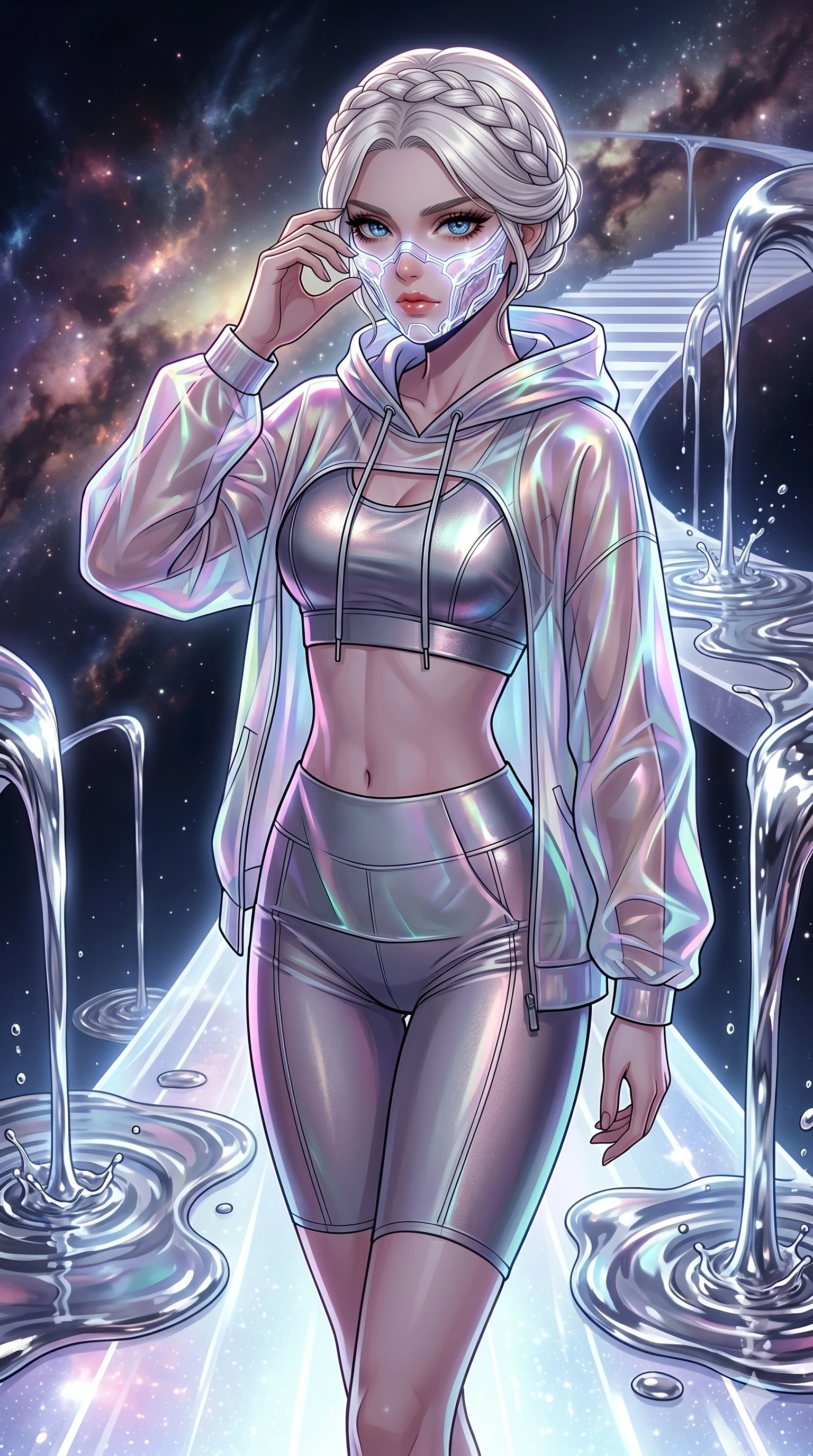 score_9, masterpiece, best quality, ultra-detailed, high-budget anime movie keyframe, cinematic anime lighting, intricate line art, Korean anime girl. Medium shot of upper body capturing the intricate details of her high-fashion attire. adjusting a glowing mask in a celestial bridge made of light with liquid mercury fountains. She has an absolutely perfect 8-heads proportion, an exceptionally tall and slender female figure with an ultra-slim waist and impossibly long slender legs. sharp v-shaped jawline, high-bridge nose, intricate jewel-like eyes, thick eyelashes, glossy lips. Wearing premium athleisure set with a metallic-finish compression top, high-cut yoga shorts that accentuate her long legs, and a sheer oversized hoodie. The scene is illuminated by dramatic atmospheric lighting and vibrant color palettes. 2k, ultra detail, master piece, 9:16 ratio