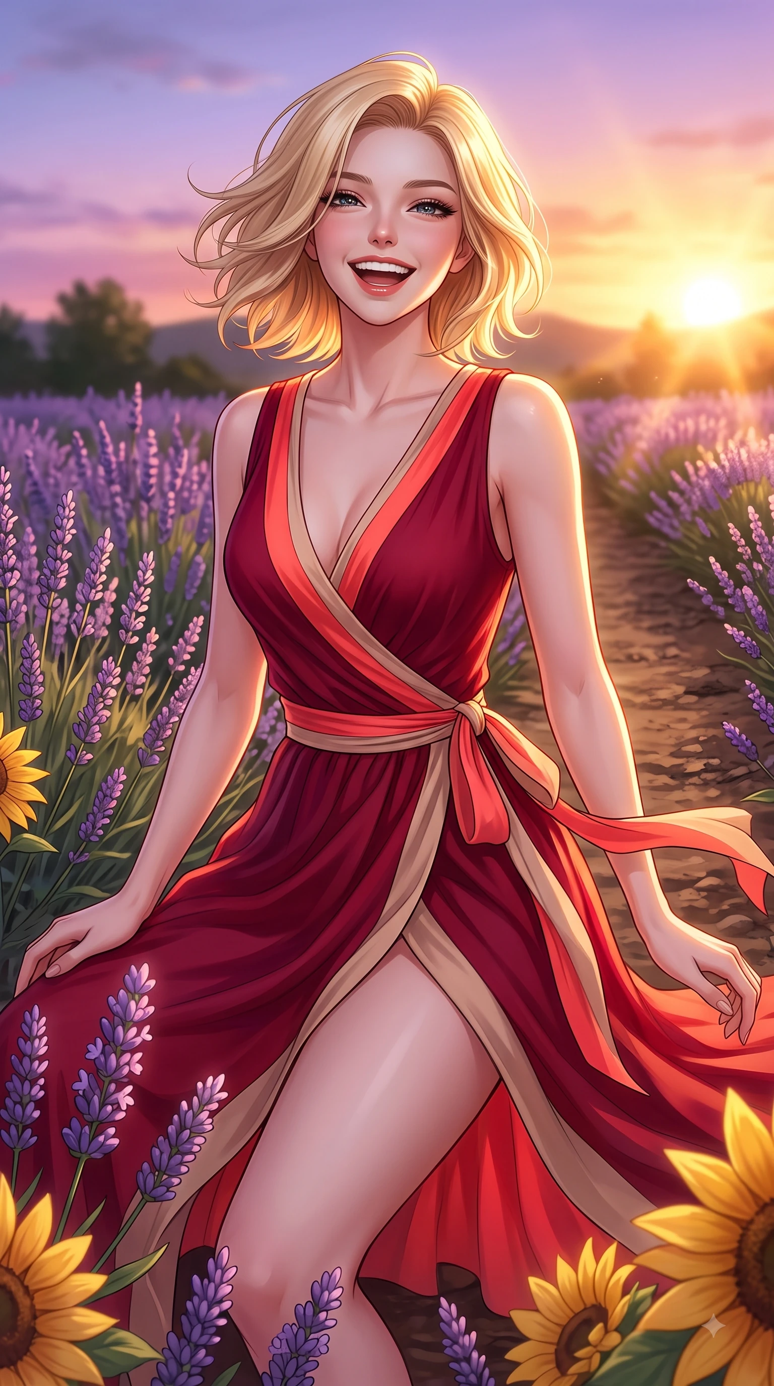 score_9, masterpiece, best quality, ultra-detailed, high-budget anime keyframe, editorial fashion photography, tasteful artistic composition, Caucasian woman. close-up cowboy shot from the waist and thighs up, the character dominates the composition, filling the frame with her large presence. Beaming joyful energy with a infectious laughter that brightens the entire composition while resting gracefully among golden blossoms as the setting sun illuminates her hair. The surrounding environment is rendered in vivid detail and crisp panoramic clarity. detailed lavender blossom spikes, golden sunflower petals, and rustic pathway dirt in crisp resolution. She has an exceptionally elegant, slender, and willowy female figure with an ultra-slim waist, a gracefully sculpted slender torso, and a refined silhouette. sharp v-shaped jawline, high-bridge nose, intricate jewel-like eyes with depth, thick eyelashes, glossy lips with a natural sheen, flawlessly proportioned anatomical accuracy, natural body alignment, perfectly sculpted elegant limbs, clean dynamic posture without body distortion. wearing a sleek ruby red wrap midi dress featuring a tasteful side leg slit in vibrant coral red and soft beige, woven from fine lightweight chiffon fluttering gracefully, accented with a delicate side waist sash creating fluid lines, the chic fashion cut framing her graceful clavicle and slender torso. bathed in ethereal twilight glow and warm golden sunset horizon light. highly saturated vibrant anime colors, detailed shading with soft gradients, rich glossy textures, high-contrast stereoscopic depth, volumetric dynamic lighting, master piece, 9:16 ratio