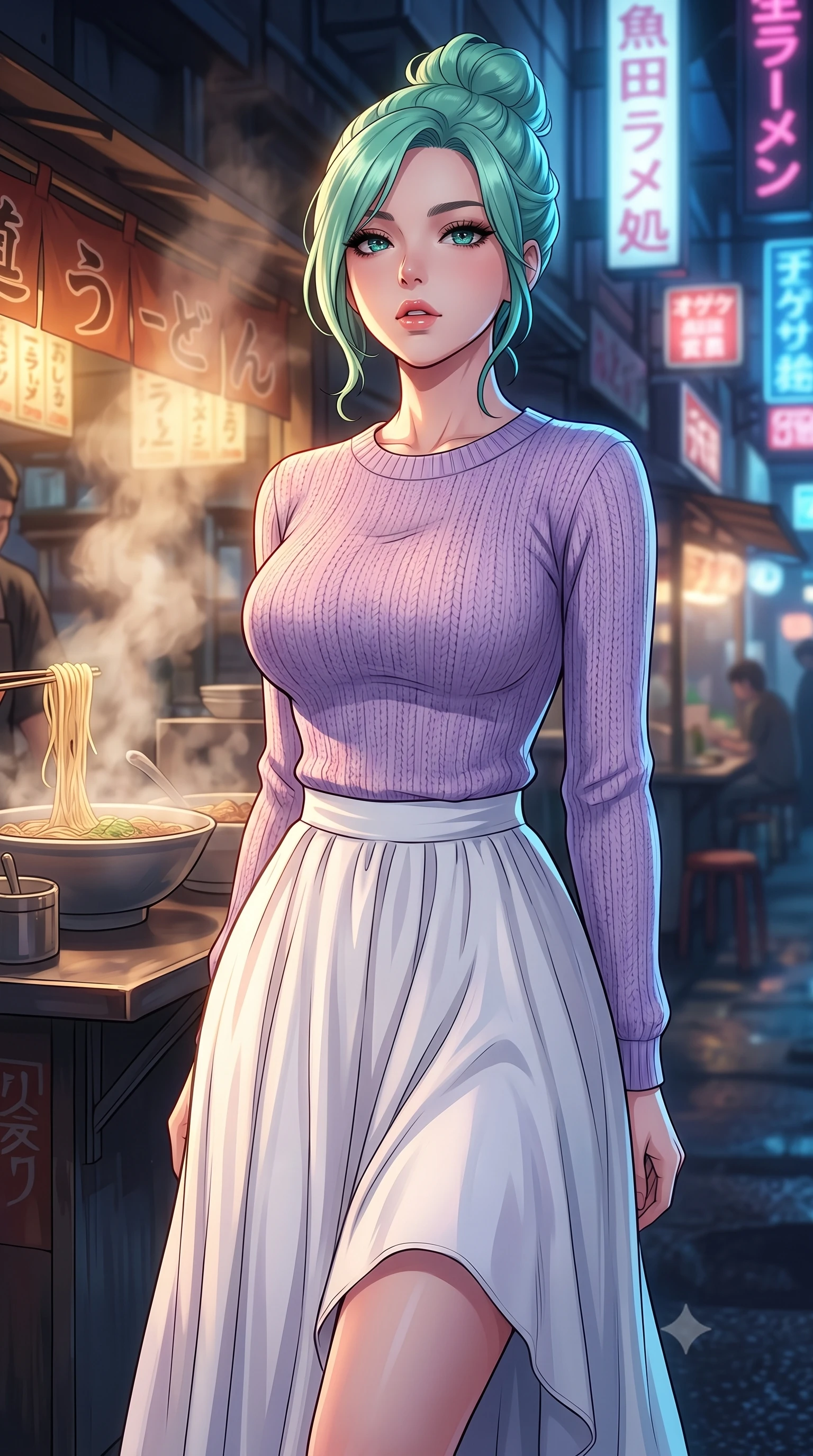 score_9, masterpiece, best quality, ultra-detailed, high-budget anime keyframe, tasteful artistic composition, Japanese woman. close-up cowboy shot from the waist and thighs up, the character dominates the composition, filling the frame with her large presence, background elements kept in soft focus. tilting her chin up slightly with lips parted in a composed, provocative expression the background shows a soft-focus a cyber-noir street market with steaming noodle stalls and neon signage. She has an exceptionally elegant, slender, and willowy female figure with an ultra-slim waist, a gracefully sculpted slender torso, and a refined silhouette. sharp v-shaped jawline, high-bridge nose, intricate jewel-like eyes with depth, thick eyelashes, glossy lips with a natural sheen. wearing a form-contouring comfortable lavender knit sweater paired with a flowy white cotton maxi skirt. dappled warm steam glow contrasting with cool blue shadow lighting. highly saturated vibrant anime colors, cel-shading, 2d style, master piece, 9:16 ratio