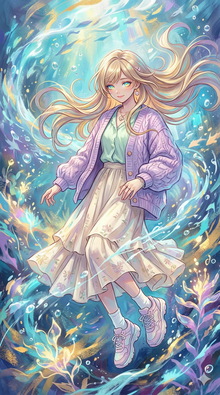 An illustration in post-impressionist expressionism and Japanese manga style, this image features a 175 cm female character with long, flowing blonde hair and soft gold-highlighted strands. Her eyes glow with exaggerated color intensity, and the composition follows the golden ratio. She has a serene, underwater-inspired aura and wears modern Gen Z modest Korean-Japanese fusion fashion, including elegant pastel outerwear, a flowy long skirt, and minimal accessories. The image is characterized by dynamic brushstrokes, ethereal motion, high depth, and luminous ambiance. 4k, ultra detail, master piece, 9:16 ratio 4k, ultra detail, master piece, 9:16 ratio