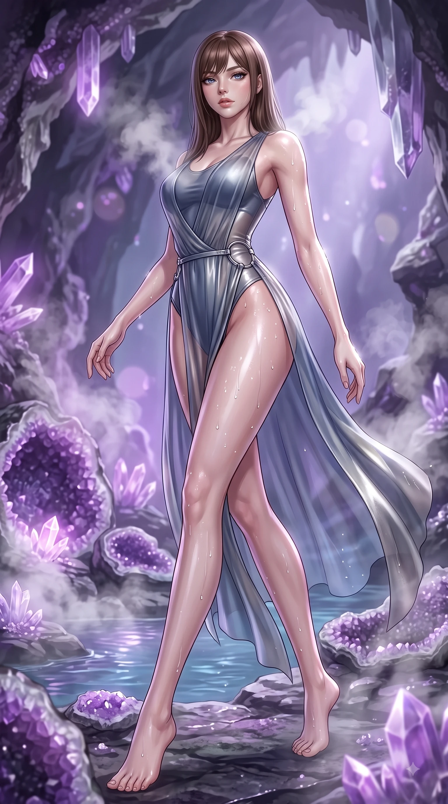 score_9, masterpiece, best quality, ultra-detailed, high-budget anime keyframe, editorial fashion photography, tasteful artistic composition, Korean woman. low angle full-body shot from head to toe showing her feet, filling the entire 9:16 vertical frame with her statuesque presence, stretching her vertical silhouette. forging dynamically through the scene with her long slender legs and ultra-slim waist creating a sweeping curve while pivoting dynamically in a subterranean crystal cave as steam clouds scatter soft purple geode light, water droplets glistening on her skin and clothing with brilliant specular highlights. She has an absolutely perfect, statuesque 8.5-heads proportion, an exceptionally tall and slender model-like female figure with impossibly long slender legs and an ultra-slim waist. sharp v-shaped jawline, high-bridge nose, intricate jewel-like eyes with depth, thick eyelashes, glossy lips with a natural sheen, flawlessly proportioned anatomical accuracy, natural body alignment, perfectly sculpted elegant limbs, clean dynamic posture without body distortion. wearing a semi-opaque sheer overlay dress over a leather micro-bodysuit in slate blue and metallic silver, formed from sleek second-skin neoprene, accented with delicate chrome ring hardware framing her waist, the elegant draped fit framing her graceful clavicle and slender torso. surrounded by a tranquil, spa-like aura with bright specular rim lights. ultra-reflective glossy finish, specular highlights, metallic sheen, high-contrast stereoscopic depth, volumetric dynamic lighting, 2k, ultra detail, master piece, 9:16 ratio