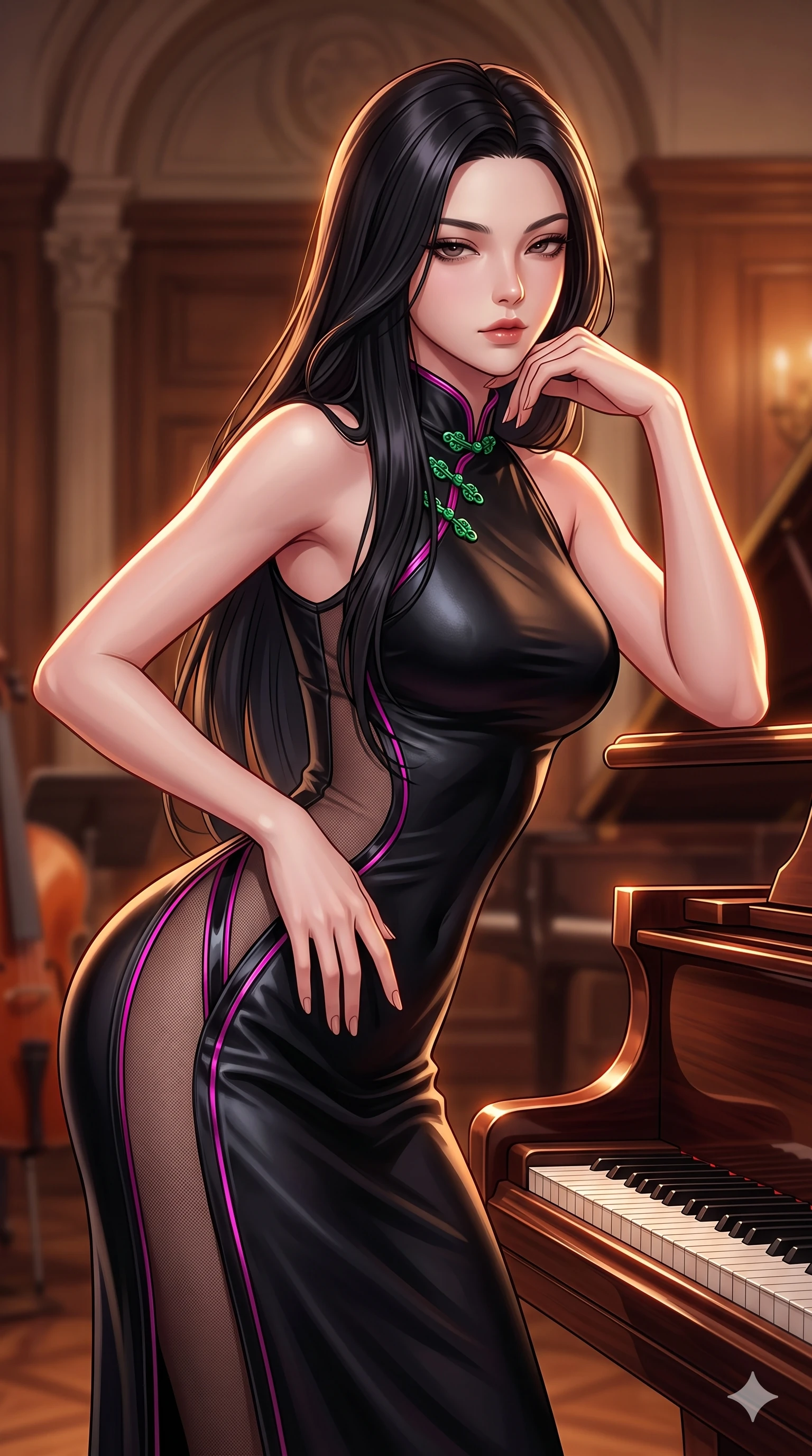 score_9, masterpiece, best quality, ultra-detailed, high-budget anime keyframe, semi-realistic 3D game render, editorial fashion photography, tasteful artistic composition, Korean woman. close-up cowboy shot from the waist and thighs up, the character dominates the composition, filling the frame with her large presence. arching her spine backward with effortless dancer poise, one hand sliding along her hip line as directional light carves specular highlights along her silhouette while resting one elbow on the instrument rim and supporting her chin, leaning close to the camera with heavy-lidded smoldering bedroom-eyes. The background shows a soft-focus intimate classical music salon atmosphere softened in baroque conservatoire shallow focus. She has an exceptionally elegant, slender, and willowy female figure with an ultra-slim waist, flat toned midriff, narrow ribcage, and sculpted feminine hips creating an alluring, slim hourglass silhouette without bulk. sharp v-shaped jawline, high-bridge nose, intricate jewel-like sparkling eyes with depth, thick eyelashes, glossy parted lips with a natural sheen, intensely captivating and seductive bedroom-eyes expression, exuding both youthful cute charm and sovereign luxury allure, flawlessly proportioned anatomical accuracy, strict slender model proportions, natural body alignment, perfectly sculpted long slender limbs, ultra-slim waistline, clean dynamic posture without body distortion. wearing a second-skin black silk jersey maxi dress with asymmetrical sheer mesh side panels tracing the full curve of her hip in black lacquer and vibrant magenta neon, woven from buttery-soft stretch lambskin leather adhering to her body like a second skin, finished with sleek jade frog closures glinting along her high collar, the form-contouring cut accentuating her sculpted flat midriff, narrow delicate ribcage, and gracefully curvy hips with intoxicating allure. illuminated by polished rosewood bounce and sharp amber-gold rim lights sculpting her razor-sharp jawline, narrow waist, and curvy hips. highly saturated vibrant anime colors, detailed shading with soft gradients, rich glossy textures, high-contrast stereoscopic depth, volumetric dynamic lighting, master piece, 9:16 ratio
