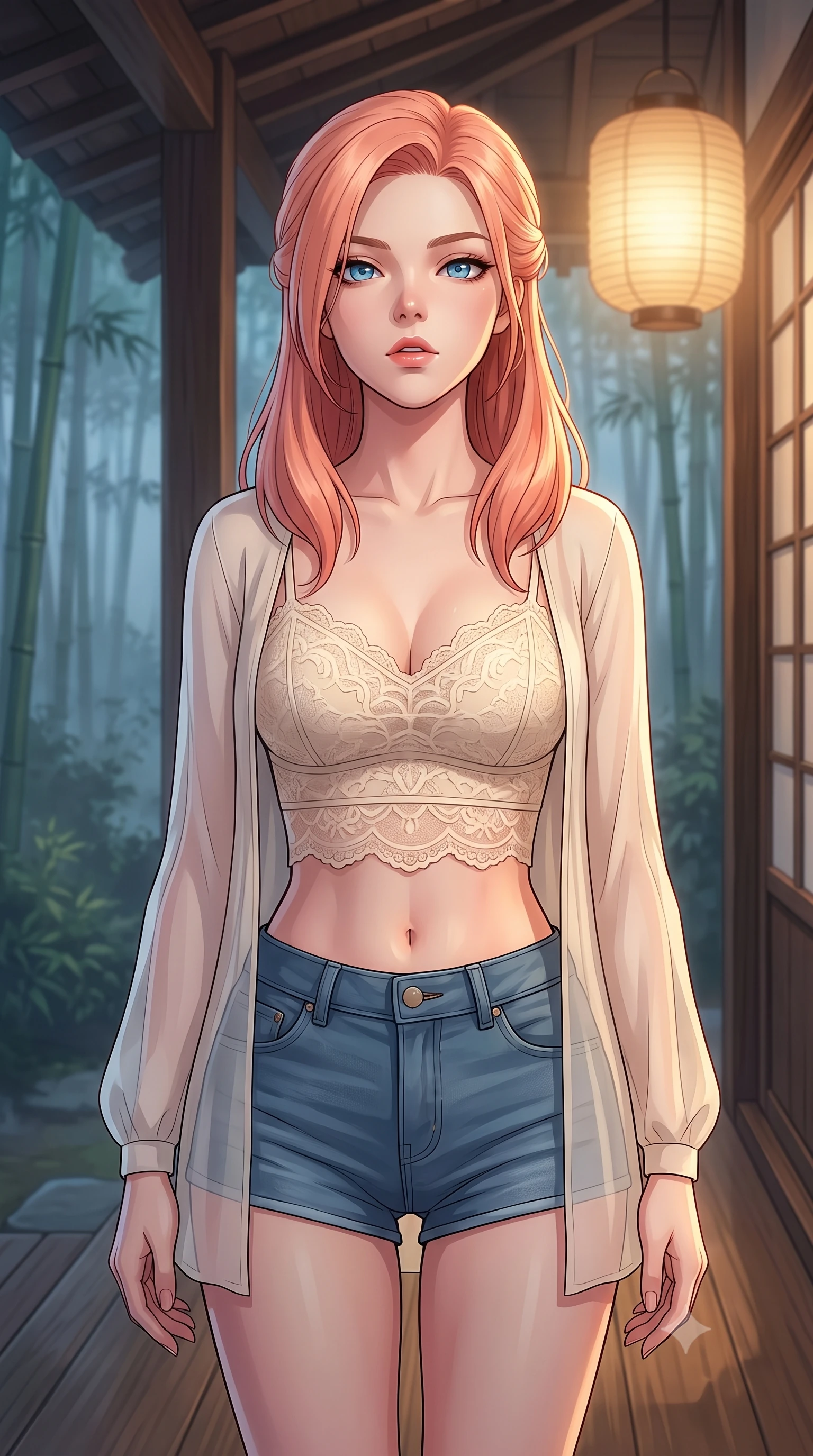 score_9, masterpiece, best quality, ultra-detailed, high-budget anime keyframe, tasteful artistic composition, Japanese woman. close-up cowboy shot from the waist and thighs up, the character dominates the composition, filling the frame with her large presence, background elements kept in soft focus. tilting her chin up slightly with lips parted in a composed, provocative expression the background shows a soft-focus the wooden veranda of a traditional house facing a misty bamboo grove at midnight. She has an exceptionally elegant, slender, and willowy female figure with an ultra-slim waist, a gracefully sculpted slender torso, and a refined silhouette. sharp v-shaped jawline, high-bridge nose, intricate jewel-like eyes with depth, thick eyelashes, glossy lips with a natural sheen. wearing a tailored delicate lace crop top in cream, worn under a semi-opaque chiffon cardigan and denim shorts. soft morning mist diffusing the warm light of a paper lantern. highly saturated vibrant anime colors, cel-shading, 2d style, master piece, 9:16 ratio