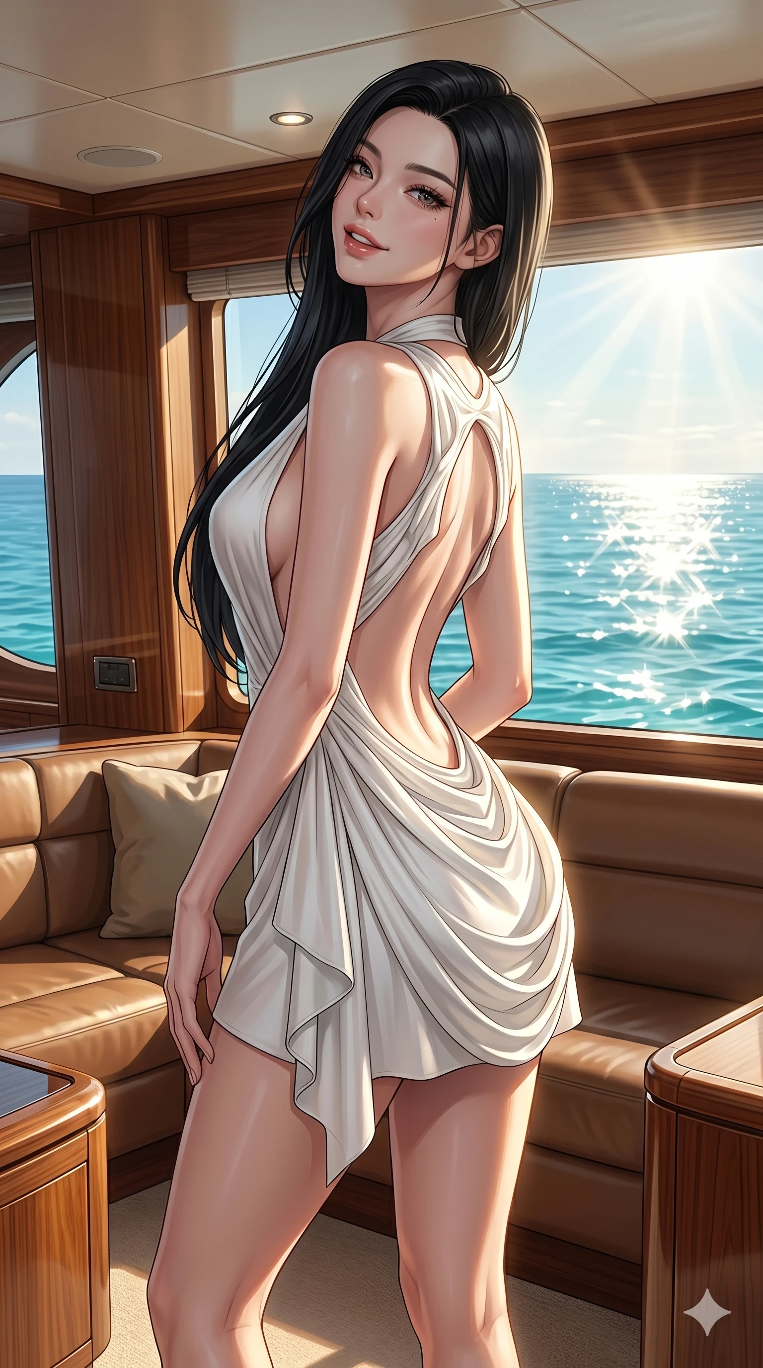 score_9, masterpiece, best quality, ultra-detailed, high-budget anime keyframe, editorial fashion photography, tasteful artistic composition, Korean woman. cowboy shot from the thighs up, character and outfit filling the frame for maximum editorial presence. tilting her head back slightly with a playful, teasing smile, her lips parted with a sultry charm inside a private yacht cabin lounge with a large window showing the sunbeams reflecting off the ocean (Code-P144). She has an absolutely perfect 8-heads proportion, an exceptionally tall and slender female figure with impossibly long slender legs and an ultra-slim waist. V-shaped jawline, high-bridge nose, intricate jewel-like eyes with depth, thick eyelashes, glossy lips with a natural sheen. wearing a micro-length white silk wrap dress with a plunging neck and a scooped open back to the base of the spine. drenched in bright midday sunbeams, casting sharp warm highlights that outline her slender waist and long legs. 2k, ultra detail, master piece, 9:16 ratio