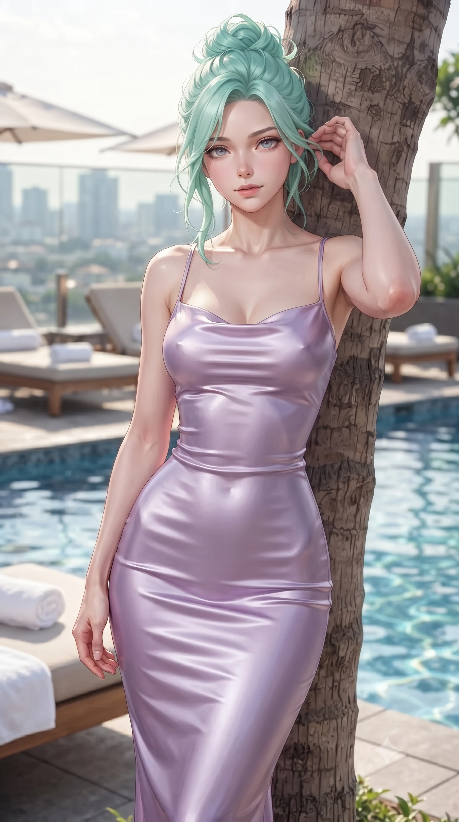 score_9, masterpiece, best quality, ultra-detailed, high-budget anime keyframe, editorial fashion photography, tasteful artistic composition, Japanese woman woman. close-up cowboy shot from the waist and thighs up, the character dominates the composition, filling the frame with her large presence, background elements kept in soft focus. standing relaxed against a tree trunk, sharing a quiet, serene moment with the viewer the background shows a soft-focus a luxury hotel rooftop pool with sunbeds and white towels, looking out at the city. She has an exceptionally elegant, slender, and willowy female figure with an ultra-slim waist, a gracefully sculpted slender torso, and a refined silhouette. sharp v-shaped jawline, high-bridge nose, intricate jewel-like eyes with depth, thick eyelashes, glossy lips with a natural sheen. wearing a body-hugging form-fitting slip dress in soft lavender satin, tracing her willowy silhouette. bright afternoon sunbeams creating shimmering patterns in the blue pool water. ultra-reflective glossy finish, specular highlights, metallic sheen, high-contrast stereoscopic depth, volumetric dynamic lighting, 2k, ultra detail, master piece, 9:16 ratio