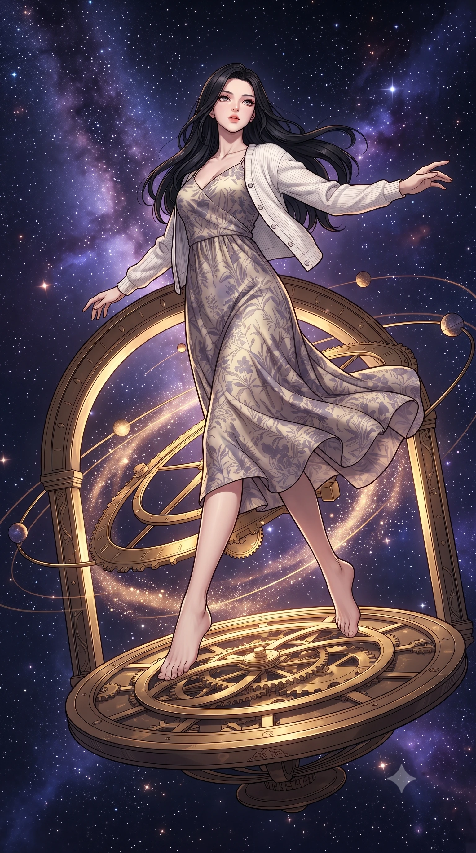score_9, masterpiece, best quality, ultra-detailed, high-budget anime keyframe, gorgeous anime illustration, with clean line-art, distinct ink outlines, and high-contrast stereoscopic depth, Korean woman. low angle full-body shot from head to toe showing her feet, filling the entire 9:16 vertical frame with her statuesque presence, stretching her vertical silhouette. leaping gracefully through standing on a floating brass clockwork astrolabe high above a sea of stars, giant rotating gear rings and armillary spheres tracing planetary orbits, glowing cosmic dust swirling through open bronze arches. She has a statuesque 8.5-heads proportion, an exceptionally tall, slender and willowy model-like build with impossibly long legs and a highly sculpted ultra-slim waist. sharp v-shaped jawline, high-bridge nose, intricate jewel-like eyes with depth, thick eyelashes, glossy lips with a natural sheen. wearing a flowing silk maxi dress in a muted lavender and cream print, layered under a white knit cardigan. warm golden glow from the brass mechanisms colliding with cold cosmic violet starlight from the surrounding nebula. 2k, ultra detail, master piece, 9:16 ratio, highly saturated vibrant anime colors, detailed cel-shading with soft gradients, rich glossy textures, deep contrast, volumetric dynamic lighting, 2d animation style