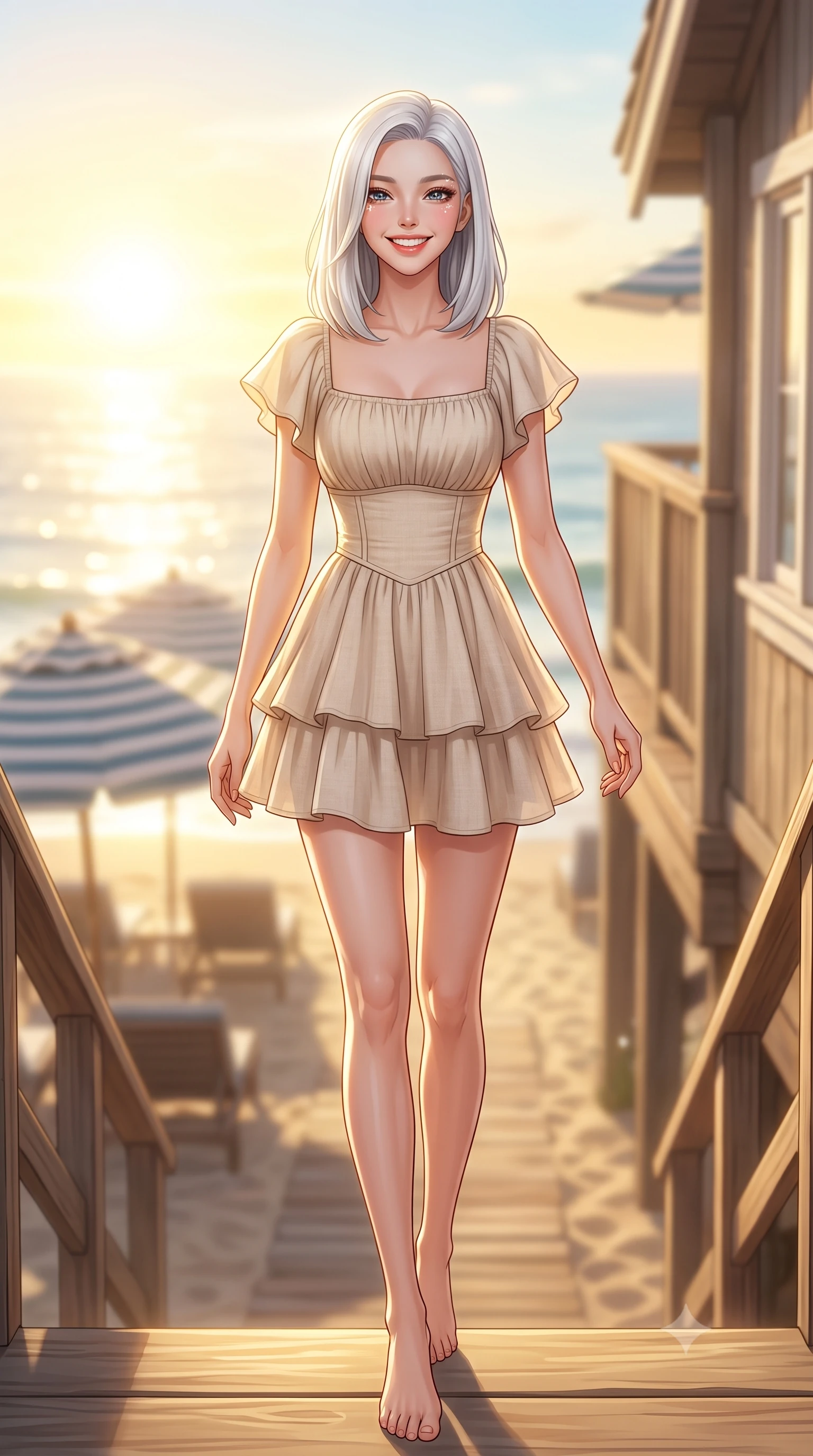 score_9, masterpiece, best quality, ultra-detailed, high-budget anime keyframe, semi-realistic 3D game render, editorial fashion photography, tasteful artistic composition, Korean woman. low angle full-body shot from head to toe showing her feet, filling the entire 9:16 vertical frame with her statuesque presence, stretching her vertical silhouette. sitting perched on the elevated edge with legs crossed and hips angled toward the camera, displaying her toned midriff and long slender limbs with a joyful, coquettish smile while walking gracefully down the private beach boardwalk steps with a beaming smile, her breezy resort wear hugging her narrow waist and hips. The composition keeps background elements in soft focus with dreamy creamy bokeh. striped beach umbrellas and rustic cottage woodwork softened in relaxed California shallow focus. She has an exceptionally tall and slender model-like 8.5-heads proportion, an ultra-slim waist, a flat toned midriff, narrow delicate ribcage, and beautifully sculpted feminine hips creating a graceful, slim hourglass silhouette without any bulky heaviness, with impossibly long slender legs. sharp v-shaped jawline, high-bridge nose, intricate jewel-like sparkling eyes with depth, thick eyelashes, glossy parted lips with a natural peach sheen, bright cheerful beaming smile with an enchanting and coquettish sensual glint, exuding both youthful cute charm and seductive allure, flawlessly proportioned anatomical accuracy, strict slender model proportions, natural body alignment, perfectly sculpted long slender limbs, ultra-slim waistline, clean dynamic posture without body distortion. wearing a tiered ruffled chiffon mini dress with a fitted corseted waist and open back in warm coral pink and soft oatmeal beige, crafted from soft breathable linen with effortless natural drape, featuring elegant flutter sleeves and a graceful square neckline, the form-fitting cut adhering flawlessly to her sculpted flat midriff and slender torso, emphasizing her long leg lines and perfectly proportioned willowy build. bathed in brilliant golden hour California sunlight streaming across the ocean water. highly saturated vibrant anime colors, detailed shading with soft gradients, rich glossy textures, high-contrast stereoscopic depth, volumetric dynamic lighting, master piece, 9:16 ratio