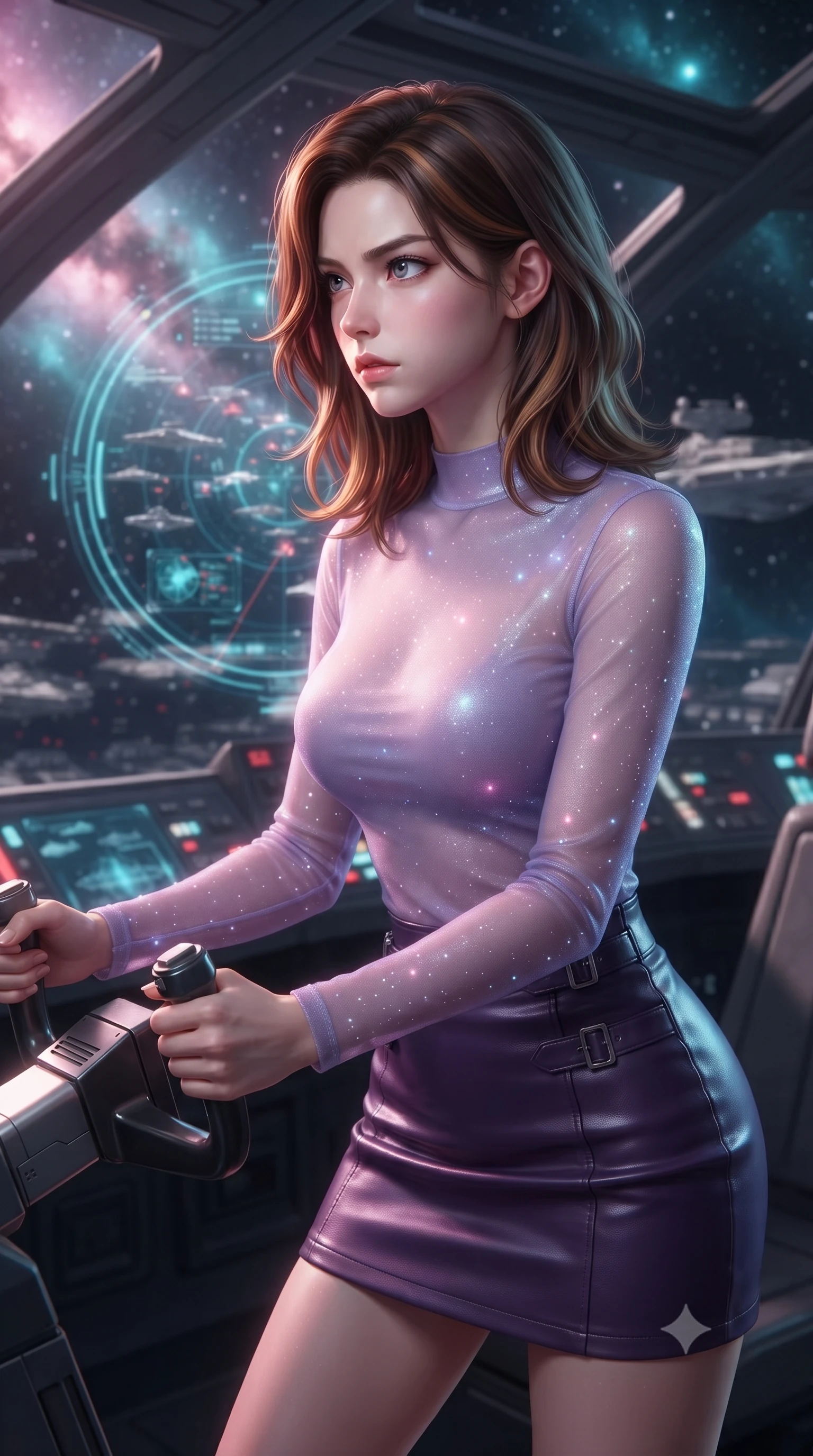score_9, masterpiece, best quality, ultra-detailed, high-budget anime keyframe, editorial fashion photography, tasteful artistic composition, realistic cosplay photography, Korean woman. close-up cowboy shot from the waist and thighs up, the character dominates the composition, filling the frame with her large presence, background elements kept in soft focus. Piloting a starfighter through a tight asteroid gap, hands tight on the flight yoke, looking sharply left. set against a soft-focus background of the bridge of a colossal command cruiser, a giant circular holographic battle map in the center displaying starship fleets. She has an exceptionally elegant and slender, willowy female figure with an ultra-slim waist, a gracefully sculpted slender torso, and a refined slim physique. sharp v-shaped jawline, high-bridge nose, intricate jewel-like eyes with depth, thick eyelashes, glossy lips with a natural sheen. wearing catching and diffusing the glowing particles, shimmering softly in response to the surrounding light, a body-hugging sheer long-sleeve top in lavender, paired with a high-waisted dark purple leather skirt. starlight and nebula glow casting soft cosmic pink and cyan highlights on her form. ultra-reflective glossy finish, specular highlights, metallic sheen, high-contrast stereoscopic depth, volumetric dynamic lighting, 2k, ultra detail, master piece, 9:16 ratio