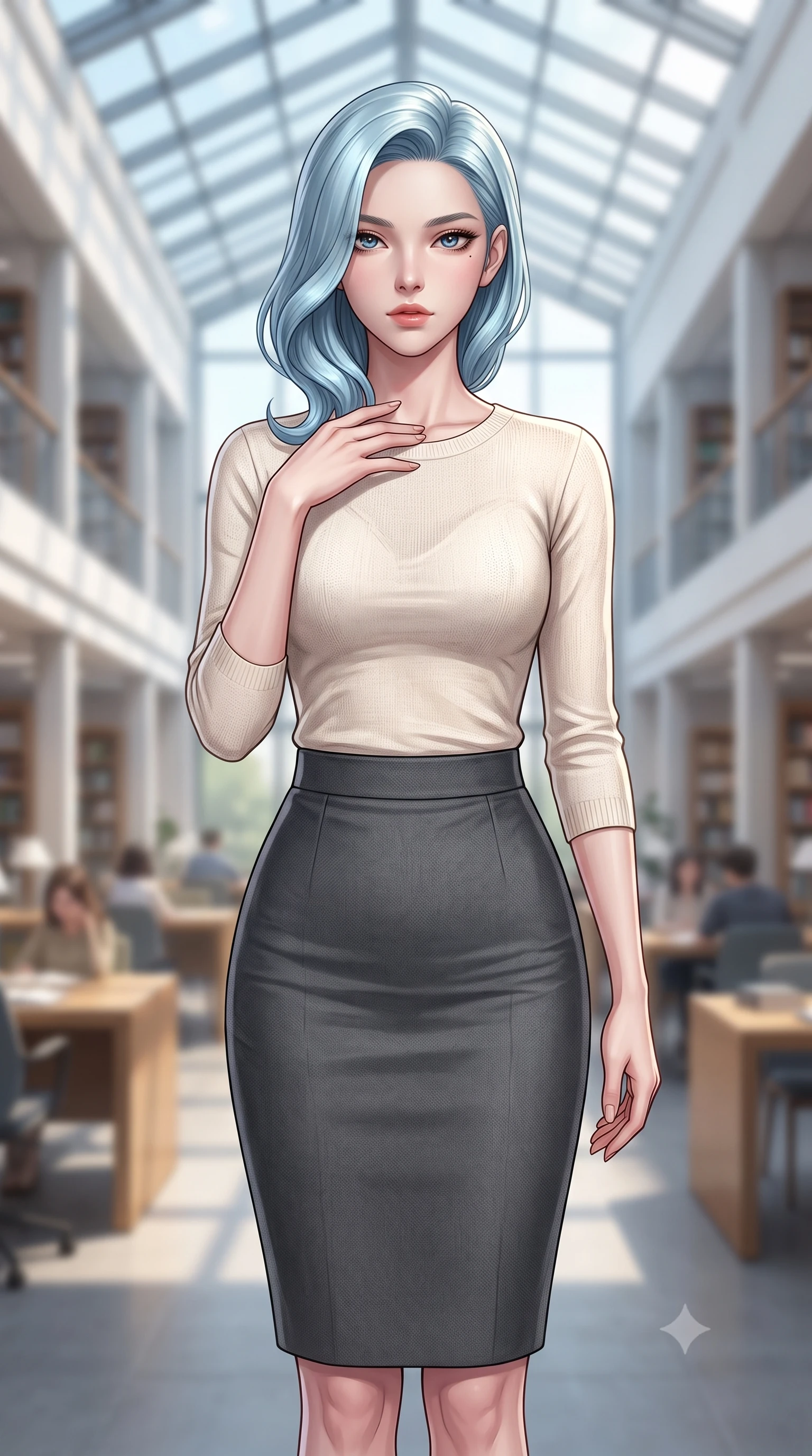score_9, masterpiece, best quality, ultra-detailed, high-budget anime keyframe, editorial fashion photography, tasteful artistic composition, Korean woman woman. close-up cowboy shot from the waist and thighs up, the character dominates the composition, filling the frame with her large presence, background elements kept in soft focus. standing with one hand resting on her collarbone, looking at the viewer with bedroom-eyes the background shows a soft-focus a grand modern library with high ceilings, glass roofs, and study areas in soft focus. She has an exceptionally elegant, slender, and willowy female figure with an ultra-slim waist, a gracefully sculpted slender torso, and a refined silhouette. sharp v-shaped jawline, high-bridge nose, intricate jewel-like eyes with depth, thick eyelashes, glossy lips with a natural sheen. wearing a slim-fit lightweight knit top in cream, paired with a tailored dark grey pencil skirt. soft diffused daylight filling the large, peaceful interior space. 2k, ultra detail, master piece, 9:16 ratio
