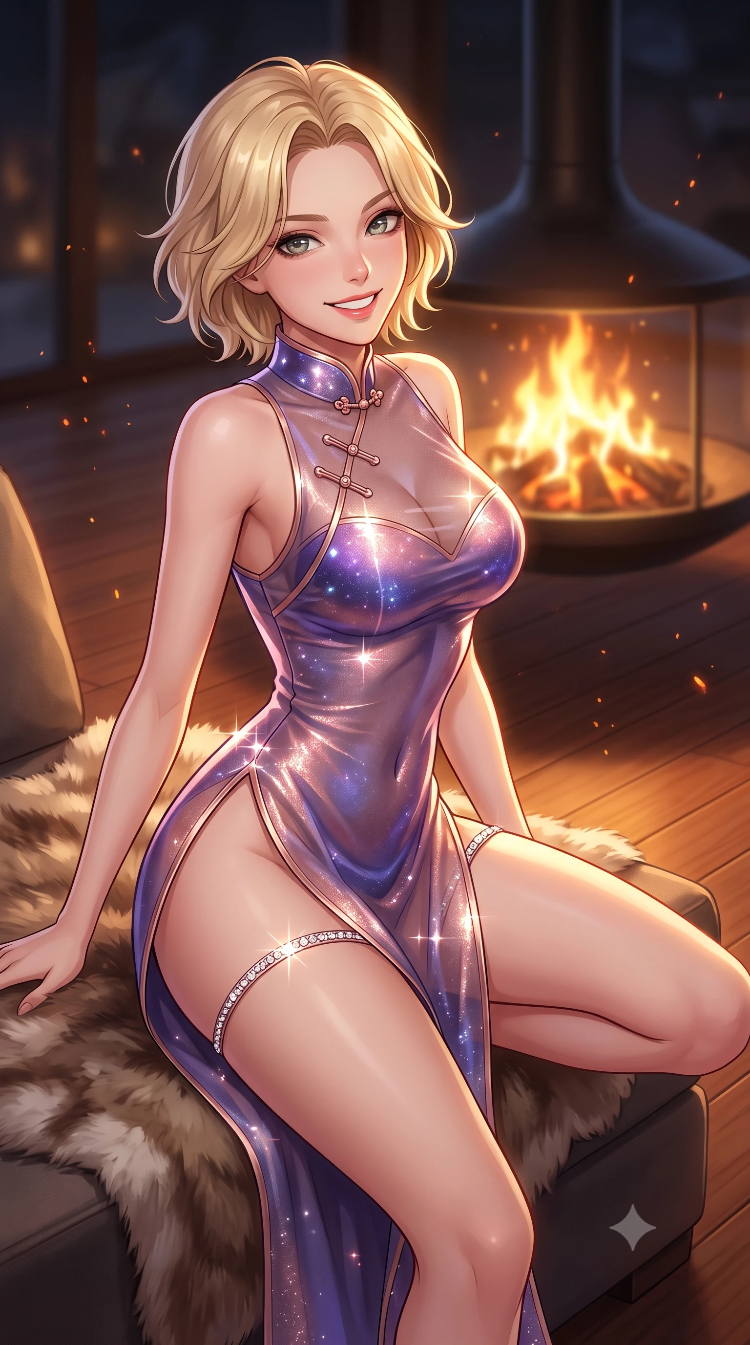 score_9, masterpiece, best quality, ultra-detailed, high-budget anime keyframe, semi-realistic 3D game render, editorial fashion photography, tasteful artistic composition, Caucasian woman. close-up cowboy shot from the waist and thighs up, the character dominates the composition, filling the frame with her large presence. perched sideways on the lounge seat, one knee drawn up to showcase her slender leg line while her arched back accentuates her feminine hip curve while twisting her slender torso in an alluring S-curve on the plush reindeer hide rug, dancing hearth embers highlighting her narrow waist. The background shows a soft-focus circular suspended steel fireplace flames softened in dramatic fjord sanctuary shallow focus. She has an exceptionally elegant, slender, and willowy female figure with an ultra-slim waist, flat toned midriff, narrow ribcage, and sculpted feminine hips creating an alluring, slim hourglass silhouette without bulk. sharp v-shaped jawline, high-bridge nose, intricate jewel-like sparkling eyes with depth, thick eyelashes, glossy parted lips with a natural peach sheen, bright cheerful beaming smile with an enchanting and coquettish sensual glint, exuding both youthful cute charm and seductive allure, flawlessly proportioned anatomical accuracy, strict slender model proportions, natural body alignment, perfectly sculpted long slender limbs, ultra-slim waistline, clean dynamic posture without body distortion. wearing a provocative sheer silk organza modern qipao dress with dramatic hip-high side slits and translucent mesh frog-button bodice in orbital nebula violet and luminescent rose gold, woven from stretch metallic lurex jersey casting radiant starlight glints across her curves, finished with delicate crystal-encrusted thigh garter straps glinting in the dim light, the second-skin tailored fabric adhering flawlessly to her sculpted flat midriff and slender torso, emphasizing her long leg lines and perfectly proportioned willowy build. illuminated by teak floor bounce and sharp flame-gold rim lights defining her razor-sharp jawline, narrow waist, and curvy hips. highly saturated vibrant anime colors, detailed shading with soft gradients, rich glossy textures, high-contrast stereoscopic depth, volumetric dynamic lighting, master piece, 9:16 ratio