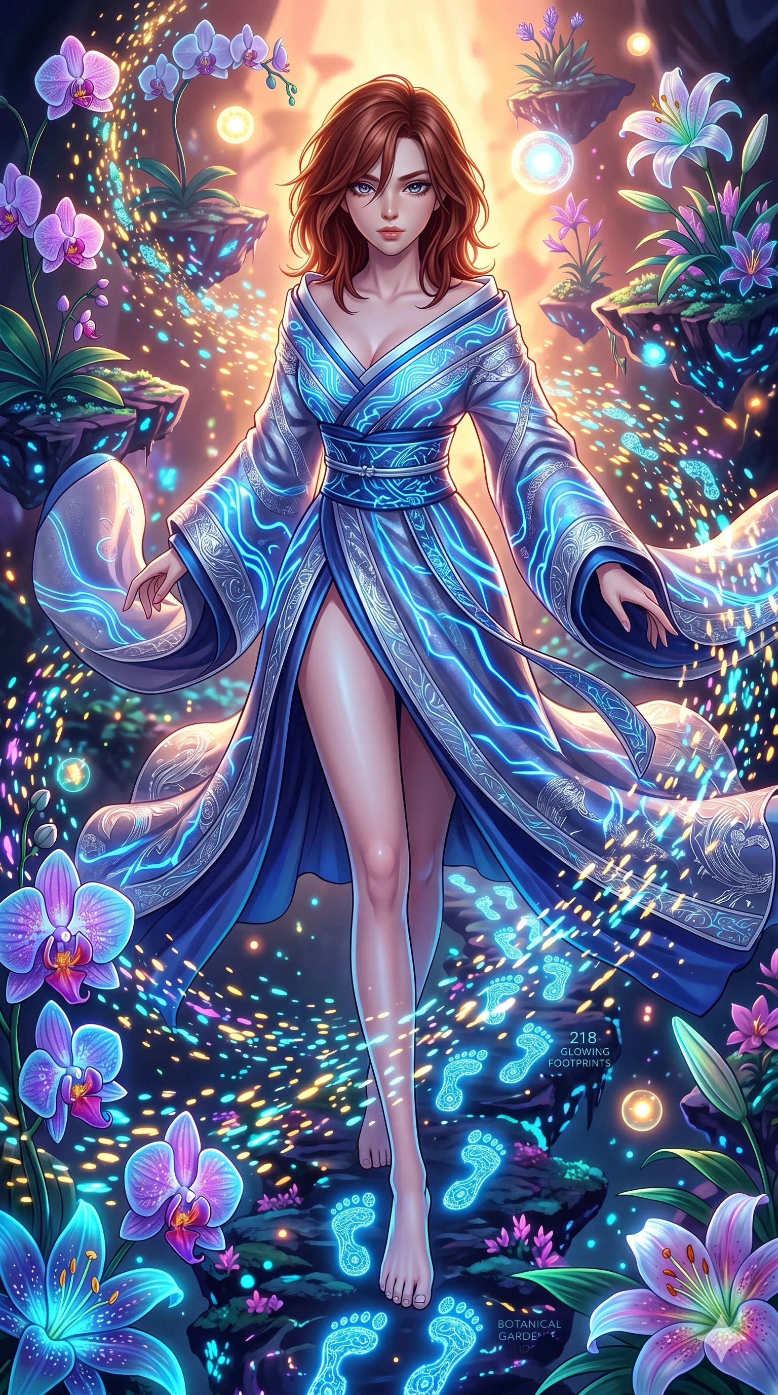 score_9, masterpiece, best quality, ultra-detailed, Set A: High-budget Anime Keyframe, Japanese woman. Upper body close-up from the thighs up, character filling the screen for maximum presence. Sliding through a floating botanical garden, as she leaves a trail of 218 glowing footprints and surrounded by glowing energy sparks. She has an absolutely perfect 8-heads proportion, an exceptionally tall and slender female figure with impossibly long slender legs and an ultra-slim waist. Sharp v-shaped jawline, high-bridge nose, intricate jewel-like eyes with depth, thick eyelashes, glossy lips with a natural sheen. Wearing Ornate traditional silk gown with futuristic glowing patterns and a massive high slit. Cinematic lighting, vibrant colors, dramatic shadows, 2k, ultra detail, master piece, 9:16 ratio