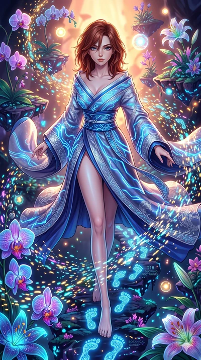 score_9, masterpiece, best quality, ultra-detailed, Set A: High-budget Anime Keyframe, Japanese woman. Upper body close-up from the thighs up, character filling the screen for maximum presence. Sliding through a floating botanical garden, as she leav