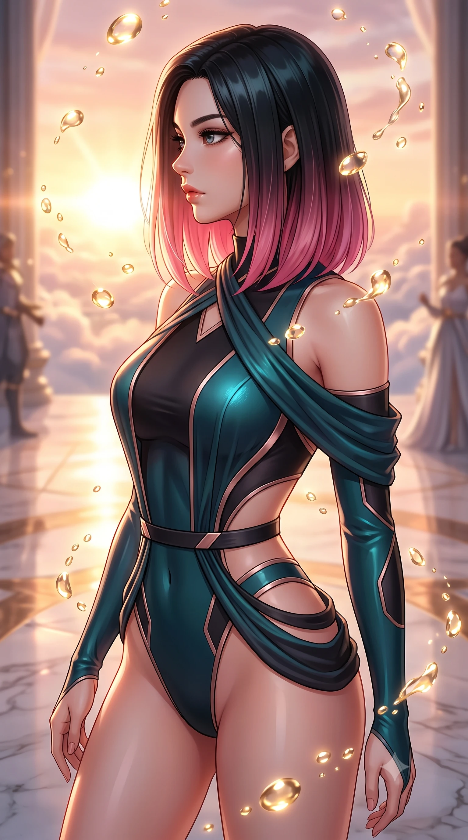 score_9, masterpiece, best quality, ultra-detailed, high-budget anime keyframe, editorial fashion photography, tasteful artistic composition, Korean woman. close-up cowboy shot from the waist and thighs up, the character dominates the composition, filling the frame with her large presence, background elements kept in soft focus. Turning her face in sharp dramatic profile against the bright light, showcasing her sharp v-shaped jawline interacting with floating golden water Orbs in a cloudtop palace court, soft rose-gold and amber sunset light reflecting off polished marble. She has an exceptionally elegant, slender, and willowy female figure with an ultra-slim waist, a gracefully sculpted slender torso, and a refined silhouette. sharp v-shaped jawline, high-bridge nose, intricate jewel-like eyes with depth, thick eyelashes, glossy lips with a natural sheen. wearing an asymmetrical high-cut tech-bodysuit with detached sleeves and waist-framing straps, the elegant draped fit framing her graceful clavicle and slender torso. lit by brilliant warm key light softening into smooth, elegant gradients. highly saturated vibrant anime colors, detailed shading with soft gradients, rich glossy textures, high-contrast stereoscopic depth, volumetric dynamic lighting, master piece, 9:16 ratio