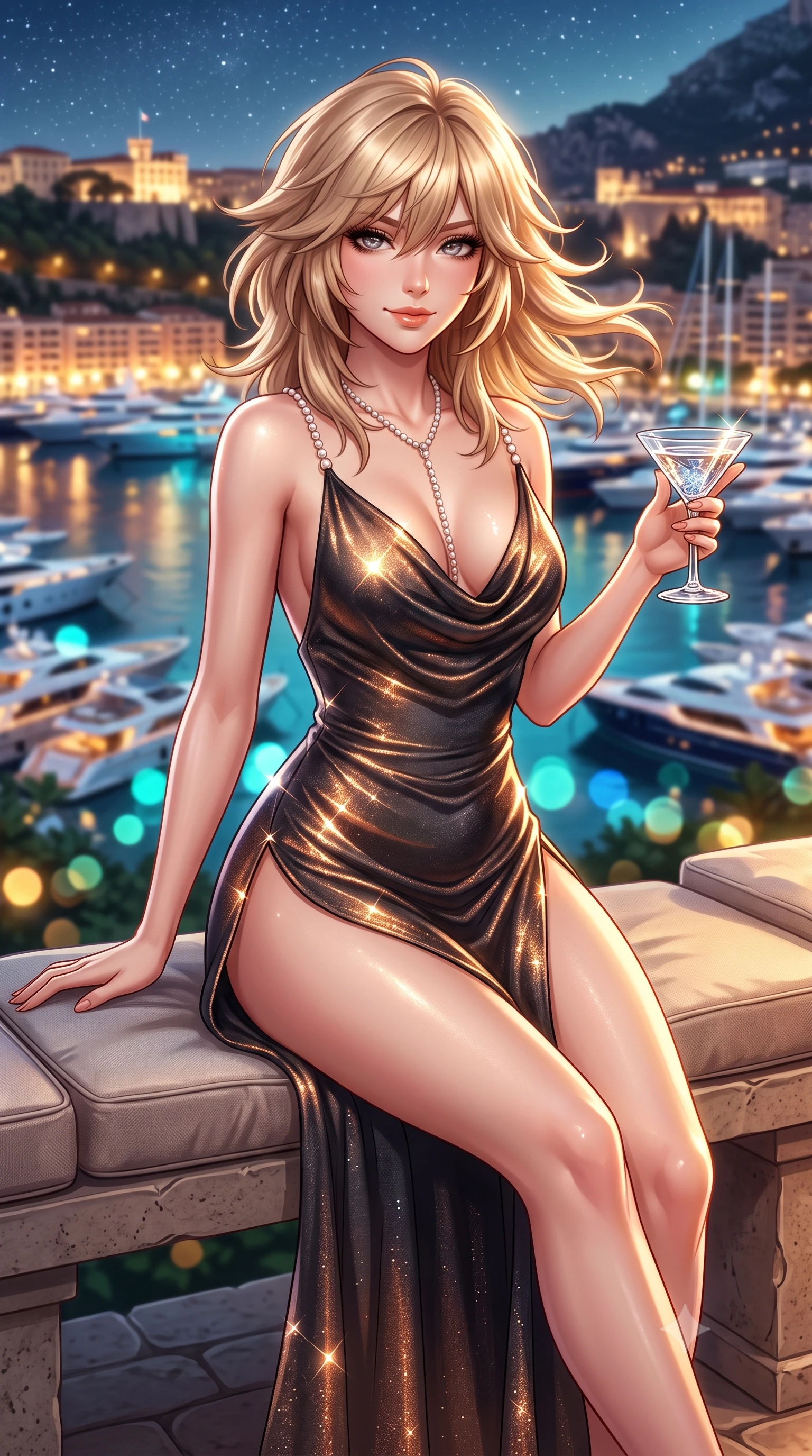 score_9, masterpiece, best quality, ultra-detailed, high-budget anime keyframe, semi-realistic 3D game render, editorial fashion photography, tasteful artistic composition, Japanese woman. close-up cowboy shot from the waist and thighs up, the character dominates the composition, filling the frame with her large presence. turning slowly with an enchanting smoldering smile, her glossy hair tossing in the breeze as her hips angle gracefully in a captivating contrapposto while sitting perched on the cushioned stone bench with legs extended, holding a crystal cocktail glass with dangerous high-fashion cool. The background shows a soft-focus hundreds of illuminated luxury yachts moored in Port Hercules, Prince's Palace on the rock cliff, and starry sky blurred into aquamarine, gold, and sapphire bokeh. She has an exceptionally elegant, slender, and willowy female figure with an ultra-slim waist, flat toned midriff, narrow ribcage, and sculpted feminine hips creating an alluring, slim hourglass silhouette without bulk. sharp v-shaped jawline, high-bridge nose, sparkling eyes with hypnotic seductive depth, thick curled eyelashes, glossy parted lips with a natural dewy peach sheen, alluring bedroom-eyes with an enchanting coquettish smile, exuding magnetic siren charisma and sophisticated glamour, flawlessly proportioned anatomical accuracy, strict slender model proportions, natural body alignment, perfectly sculpted long slender limbs, ultra-slim waistline, clean dynamic posture without body distortion. wearing a plunging cowl-neck liquid silk satin sarong slip dress with daring hip-high double slits and pearl shoulder straps in Ayung volcanic charcoal and molten bronze, woven from stretch metallic lurex jersey casting radiant starlight glints across her silhouette, accented with a pearl-drop body harness subtly framing her dewy collarbones and spine, the form-contouring silhouette accentuating her sculpted flat midriff, narrow delicate ribcage, and gracefully curvy hips with intoxicating allure. bathed in warm garden landscape uplighting mixed with dynamic multi-color reflections from harbor yachts. highly saturated vibrant anime colors, detailed shading with soft gradients, rich glossy textures, high-contrast stereoscopic depth, volumetric dynamic lighting, master piece, 9:16 ratio