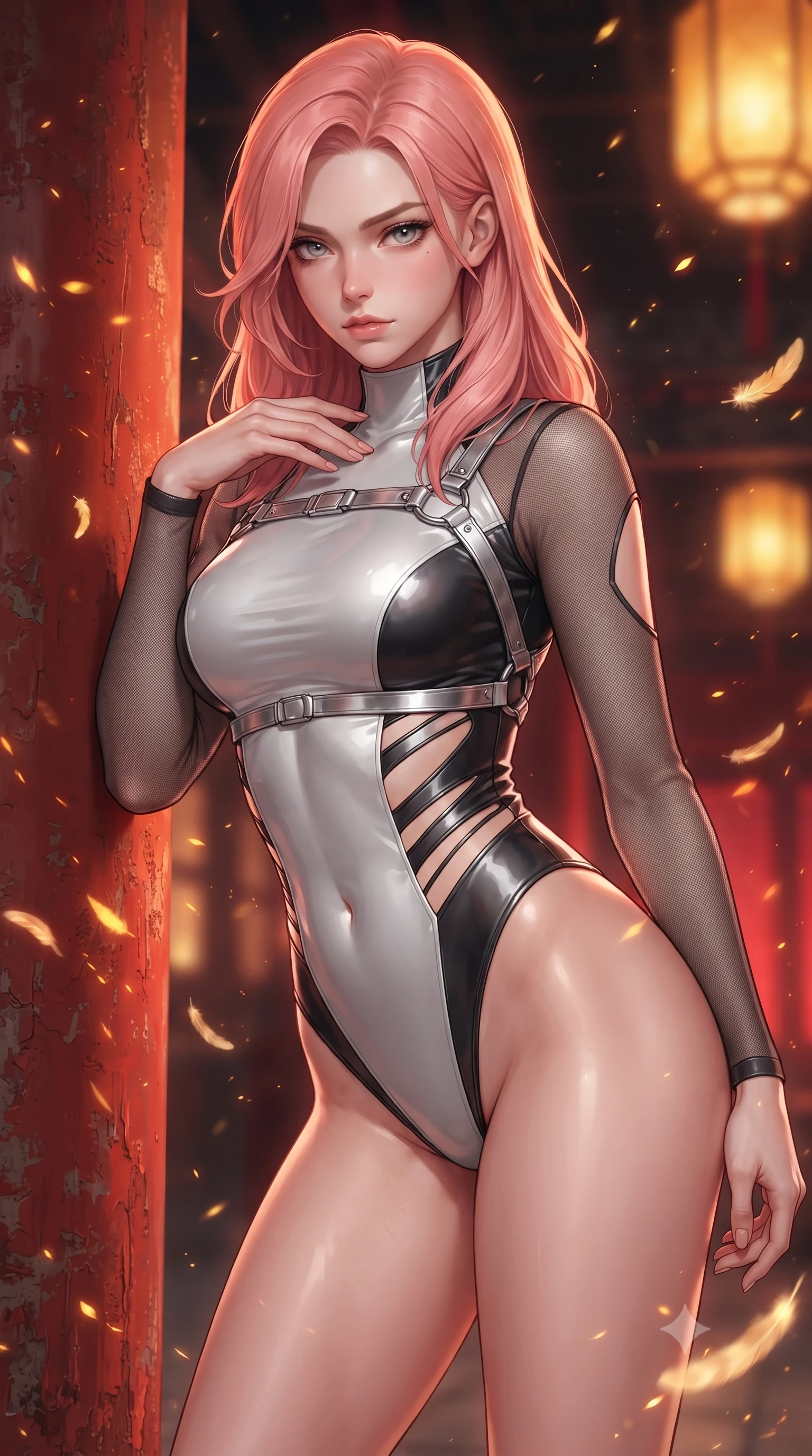 score_9, masterpiece, best quality, ultra-detailed, high-budget anime keyframe, editorial fashion photography, tasteful artistic composition, Japanese woman. close-up cowboy shot from the waist and thighs up, the character dominates the composition, filling the frame with her large presence. leaning forward with a dangerous, enticing smolder, resting one hand near her collarbone while casting a fiery, magnetic direct gaze while leaning against an antique vermilion column with a haughty, smoldering gaze amidst floating golden embers and feathers. The composition keeps background elements in soft focus with creamy bokeh. glowing amber light trails and embers scattering warmth across a majestic imperial backdrop. She has an exceptionally elegant, slender, and willowy female figure with an ultra-slim waist, a gracefully sculpted slender torso, toned flat midriff, and a refined slim silhouette. sharp v-shaped jawline, high-bridge nose, intricate jewel-like eyes with depth, thick eyelashes, glossy lips with a natural sheen, flawlessly proportioned anatomical accuracy, strict slender model proportions, natural body alignment, perfectly sculpted long slender limbs, ultra-slim waistline, clean dynamic posture without body distortion. wearing an ultra-sleek high-cut tech-bodysuit featuring dangerous diagonal slitted cutouts on the midriff and shoulders, reinforced by a metallic silver harness and sheer mesh sleeves in high-gloss monochrome white and sharp black contrast, made of liquid metal jersey that clings flawlessly to every contour of her build, complemented by criss-cross back straps highlighting her completely bare spine, the liquid-tight tailored fabric emphasizing every curve of her tall, slender model proportions and sculptured silhouette during dynamic movement. bathed in warm golden lantern radiance and dramatic crimson ambient backlighting. ultra-reflective glossy finish, specular highlights, metallic sheen, high-contrast stereoscopic depth, volumetric dynamic lighting, 2k, ultra detail, master piece, 9:16 ratio