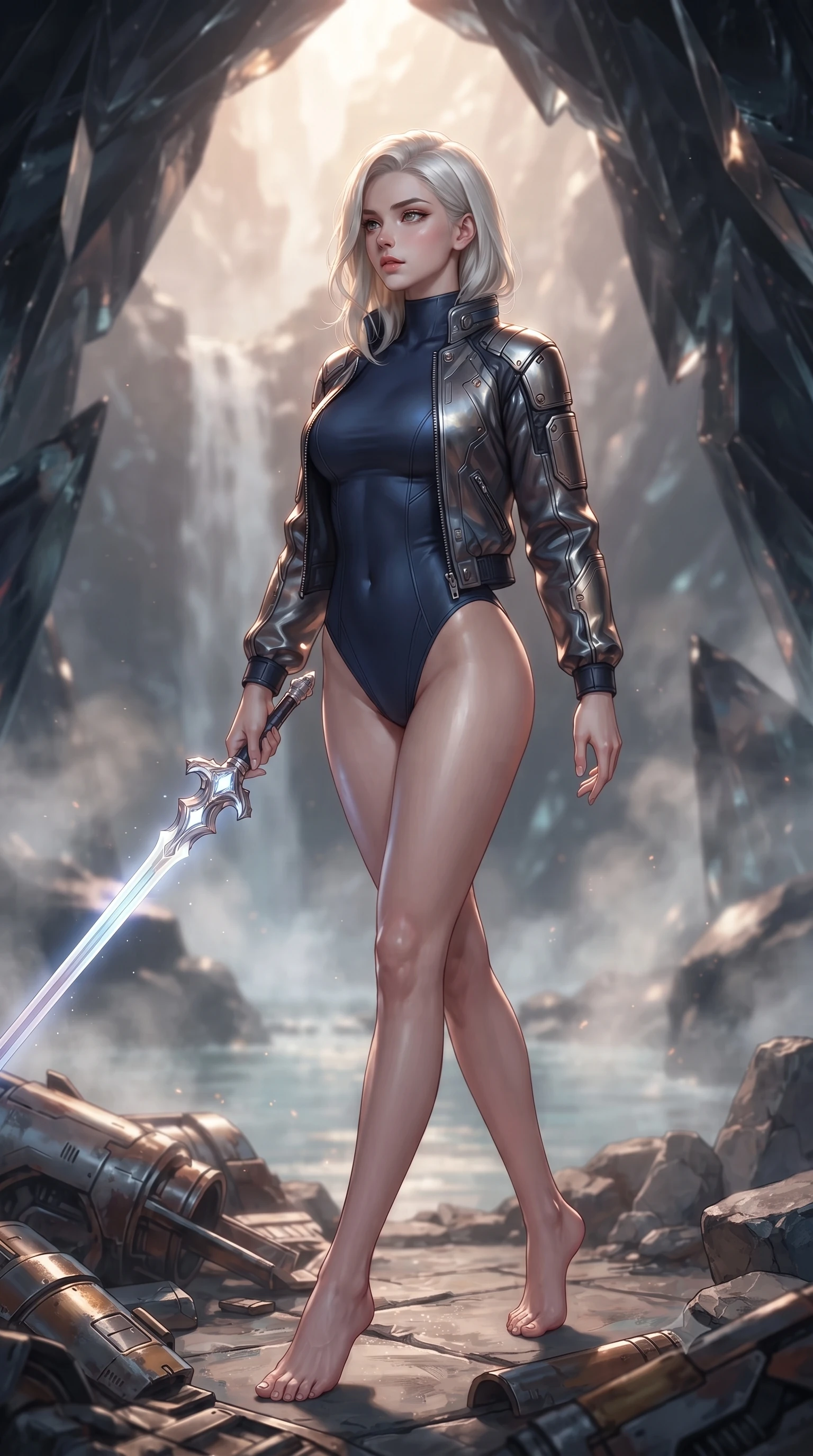 score_9, masterpiece, best quality, ultra-detailed, high-budget anime keyframe, editorial fashion photography, tasteful artistic composition, Caucasian woman. low angle full-body shot from head to toe showing her feet, filling the entire 9:16 vertical frame with her statuesque presence, stretching her vertical silhouette. stepping gracefully through battlefield debris with a glowing saber hilt in hand, looking back over her shoulder, the background shows a soft-focus a waterfall hot spring inside a volcanic glass cavern with mineral steam. She has an absolutely perfect, statuesque 8.5-heads proportion, an exceptionally tall and slender model-like female figure with impossibly long slender legs and an ultra-slim waist. sharp v-shaped jawline, high-bridge nose, intricate jewel-like eyes with depth, thick eyelashes, glossy lips with a natural sheen. wearing a slim-fit form-contouring high-neck bodysuit in midnight blue, worn under an open carbon-plated flight jacket. soft morning mist diffusing the warm starlight, creating a tranquil atmosphere. ultra-reflective glossy finish, specular highlights, metallic sheen, high-contrast stereoscopic depth, volumetric dynamic lighting, 2k, ultra detail, master piece, 9:16 ratio