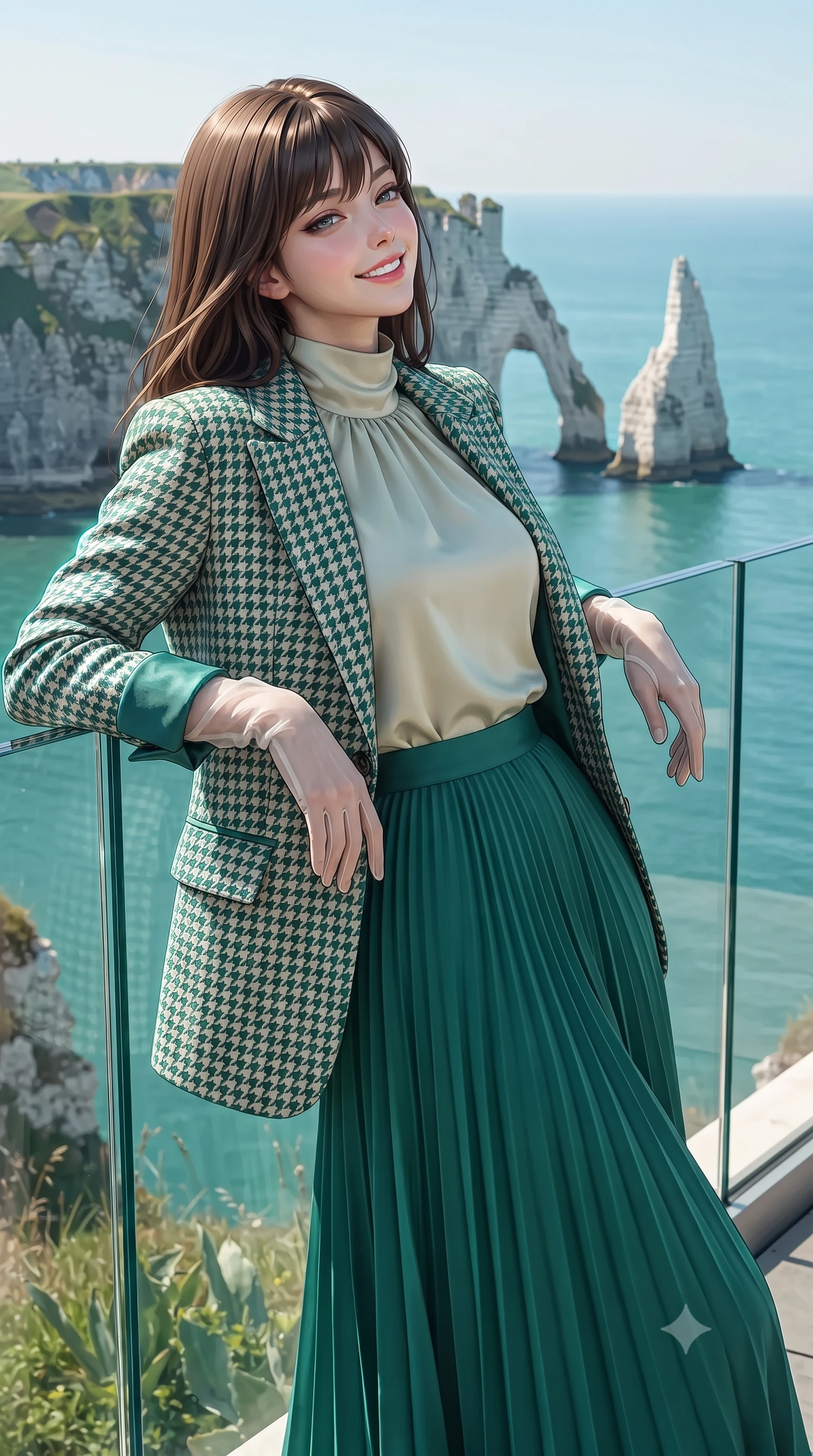 score_9, masterpiece, best quality, ultra-detailed, high-budget anime keyframe, editorial fashion photography, tasteful artistic composition, Korean woman. close-up cowboy shot from the waist and thighs up, the character dominates the composition, filling the frame with her large presence. leaning back against the balustrade with relaxed seductive grace, head tilted back slightly while casting a hypnotic, heavy-lidded gaze while leaning against the frameless glass safety railing with hips cocked back, looking out at the white chalk Needle rock rising from turquoise sea with smoldering bedroom-eyes. The surrounding environment is rendered in vivid detail and crisp panoramic clarity: detailed garment cut, bodycon tailoring, and clifftop architectural craft in razor-sharp precision. She has an exceptionally elegant, slender, and willowy female figure with an ultra-slim waist, flat toned midriff, narrow ribcage, and sculpted feminine hips creating an alluring, slim hourglass silhouette without bulk. sharp v-shaped jawline, high-bridge nose, intricate jewel-like sparkling eyes with depth, thick eyelashes, glossy parted lips with a natural peach sheen, bright cheerful beaming smile with an enchanting and coquettish sensual glint, exuding both youthful cute charm and seductive allure, flawlessly proportioned anatomical accuracy, strict slender model proportions, natural body alignment, perfectly sculpted long slender limbs, ultra-slim waistline, clean dynamic posture without body distortion. wearing a bespoke Normandy houndstooth equestrian blazer draped over a high-neck silk crepe blouse and pleated midi skirt in Mayan cenote emerald jade and subterranean limestone cream, crafted from bespoke double-faced cashmere with an exceptionally soft tactile finish, complemented by sheer opera-length evening gloves tracing her slender arms, the bespoke structured tailoring following the natural line of her 8.5-heads silhouette with refined elegance. illuminated by white chalk reflection bounce and sharp gold-cyan dual rim lights sculpting her features, flat midriff, and slender waist. ultra-reflective glossy finish, specular highlights, rich textural contrasts, high-contrast stereoscopic depth, volumetric dynamic lighting, 2k, ultra detail, master piece, 9:16 ratio