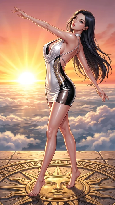 score_9, masterpiece, best quality, ultra-detailed, high-budget anime keyframe, semi-realistic 3D game render, editorial fashion photography, tasteful artistic composition, Korean woman. low angle full-body shot from head to toe showing her feet, fil