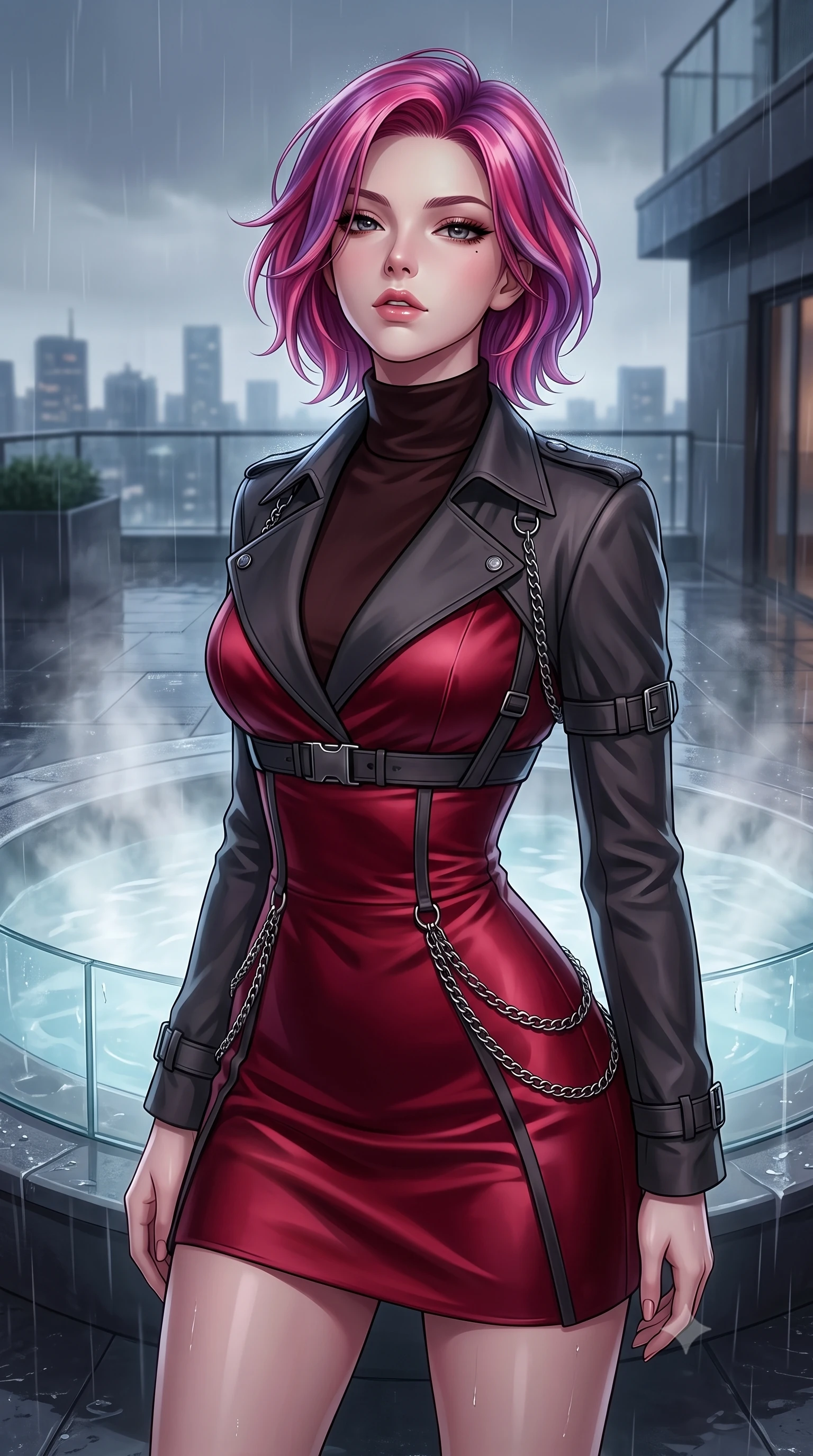 score_9, masterpiece, best quality, ultra-detailed, high-budget anime keyframe, editorial fashion photography, tasteful artistic composition, Caucasian woman. close-up cowboy shot from the waist and thighs up, the character dominates the composition, filling the frame with her large presence, background elements kept in soft focus. Tilting her chin up slightly with lips parted in a composed, magnetic expression, standing on a rain-slicked penthouse rooftop terrace beside a steaming glass jacuzzi, alluring nocturnal lifestyle composition. She has an exceptionally elegant, slender, and willowy female figure with an ultra-slim waist, a gracefully sculpted slender torso, and a refined silhouette. sharp v-shaped jawline, high-bridge nose, intricate jewel-like eyes with depth, thick eyelashes, glossy lips with a natural sheen. wearing structured charcoal trench dress over sleek turtleneck in dark mahogany, made of soft crimson satin, framed by dark titanium buckles and silver chain details, the fitted fabric emphasizing her ultra-slim waist. lit by low-key spotlighting contrasting with steam and rain mist. highly saturated vibrant anime colors, detailed shading with soft gradients, rich glossy textures, high-contrast stereoscopic depth, volumetric dynamic lighting, master piece, 9:16 ratio
